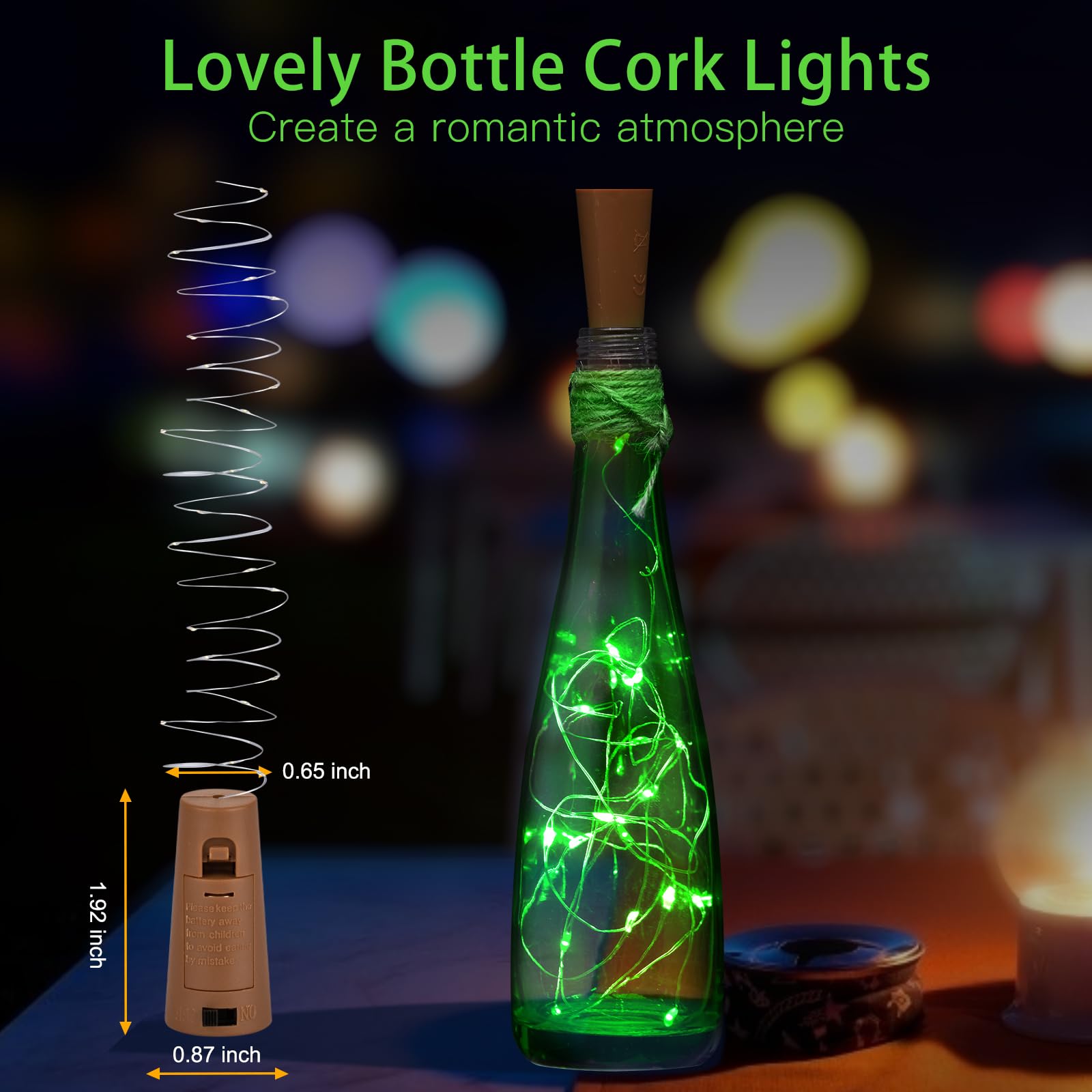 Brightown Wine Bottle Lights With Cork - 10 Pack 7Ft 20 Led Battery Operated Cork Lights, Waterproof Silver Wire Mini Fairy Lights For Liquor Bottles Diy Party Holiday Wedding Décor, Green