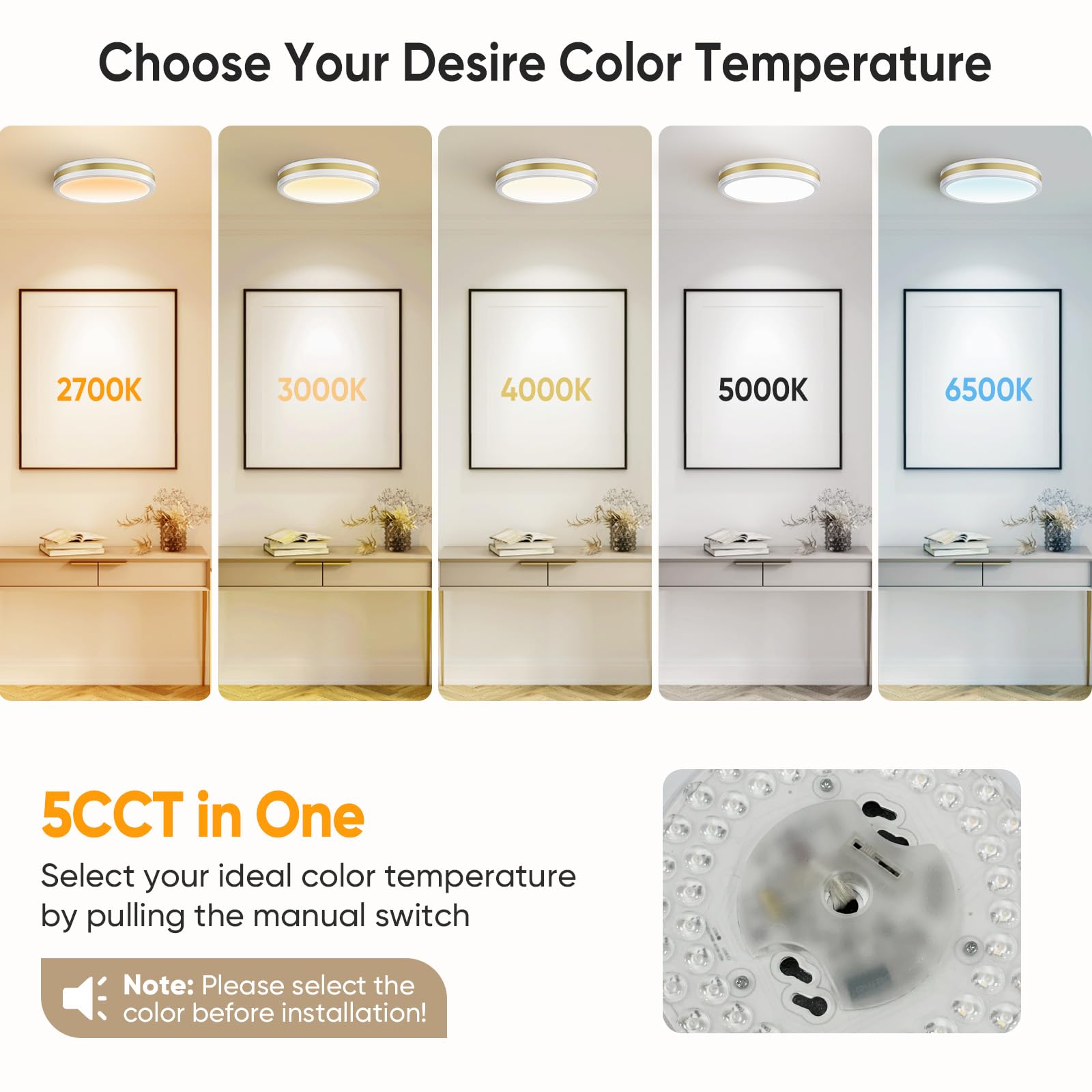 15 Inch Flush Mount Modern White Gold Led Ceiling Light With Night Light, 5Cct 35W 3500Lm 2700K-6500K Adjustable, Dimmable Light