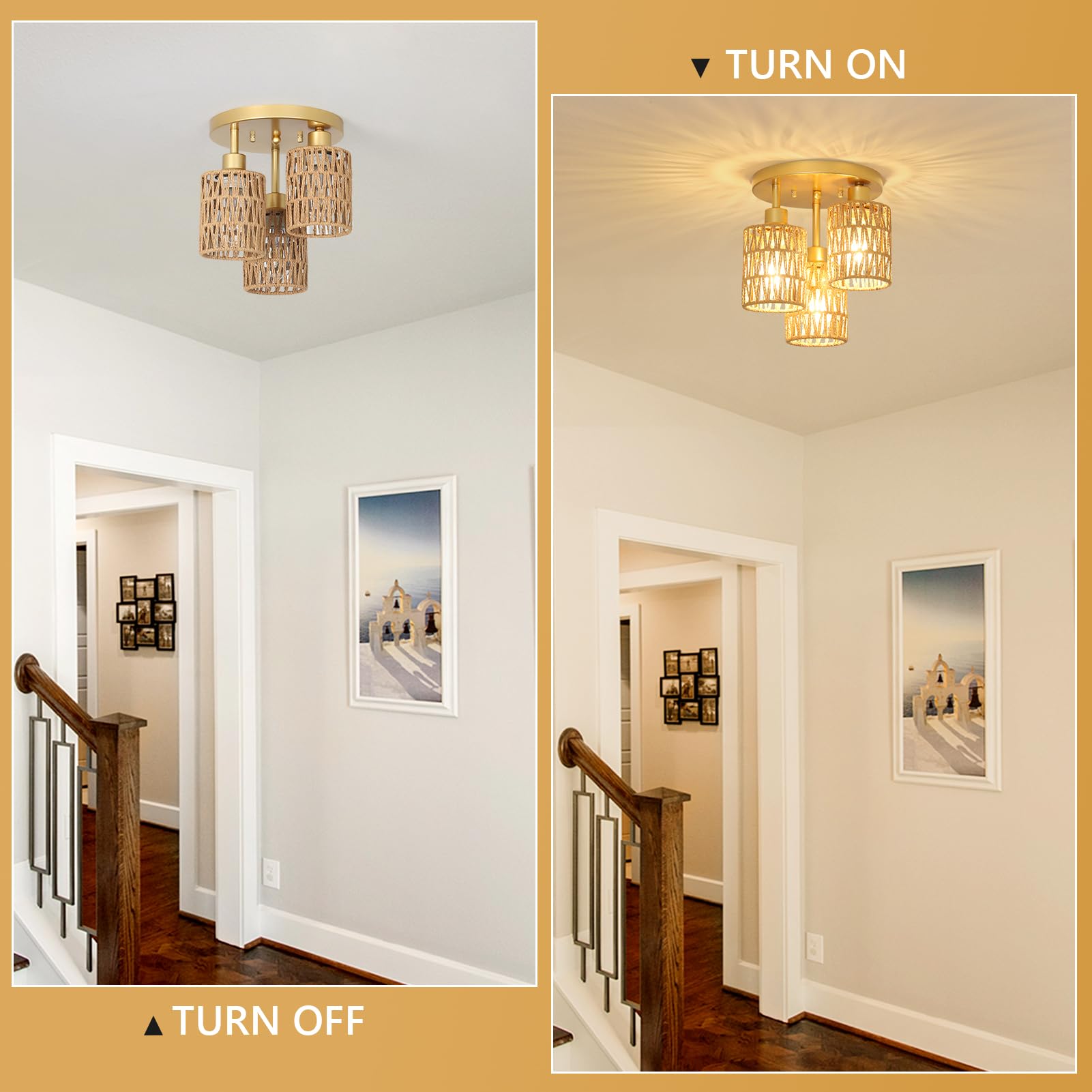 3-Lights Boho Light Fixtures - Farmhouse Rattan Light Fixture With Woven Cage Shade, Gold Semi Flush Mount Ceiling Lights For Be