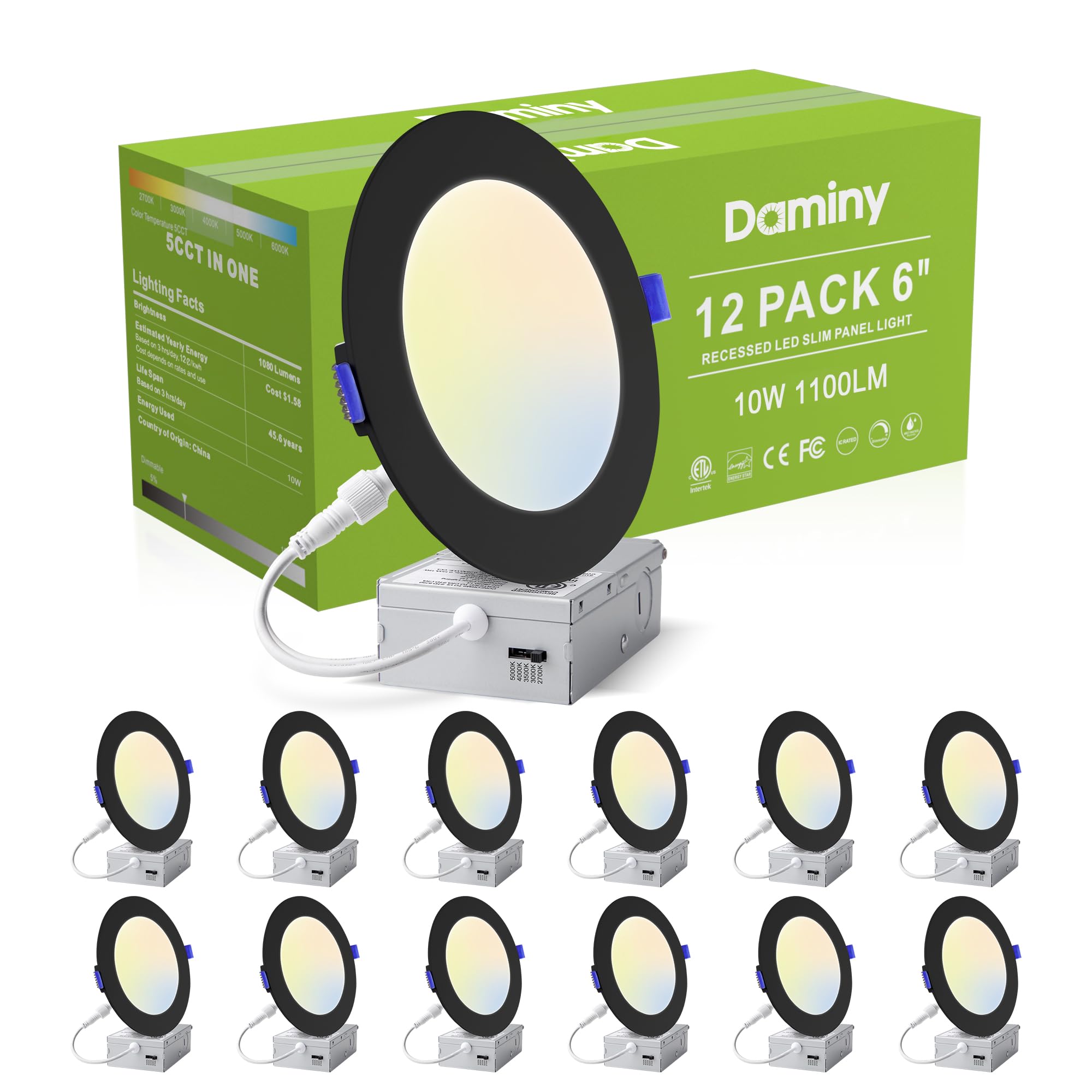 Daminy 12 Pack 6 Inch Black Led Recessed Lighting With Junction Box 5Cct Ultra-Thin Recessed Light 10W 1100Lm  Dimmable Canless Wafer Ceiling Light  High Brightness - Etl