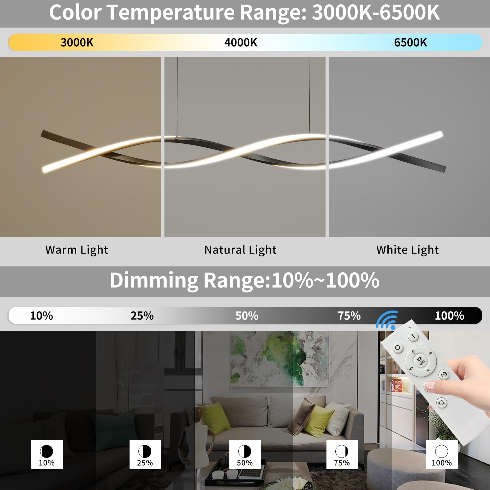 Modern Led Ceiling Pendant Light, 39In Modern Chandelier With Remote Control 3000K-6500K Adjustable Color Temperature, Aluminum Island Lighting Lamp For Dining Room, Living Room, Island