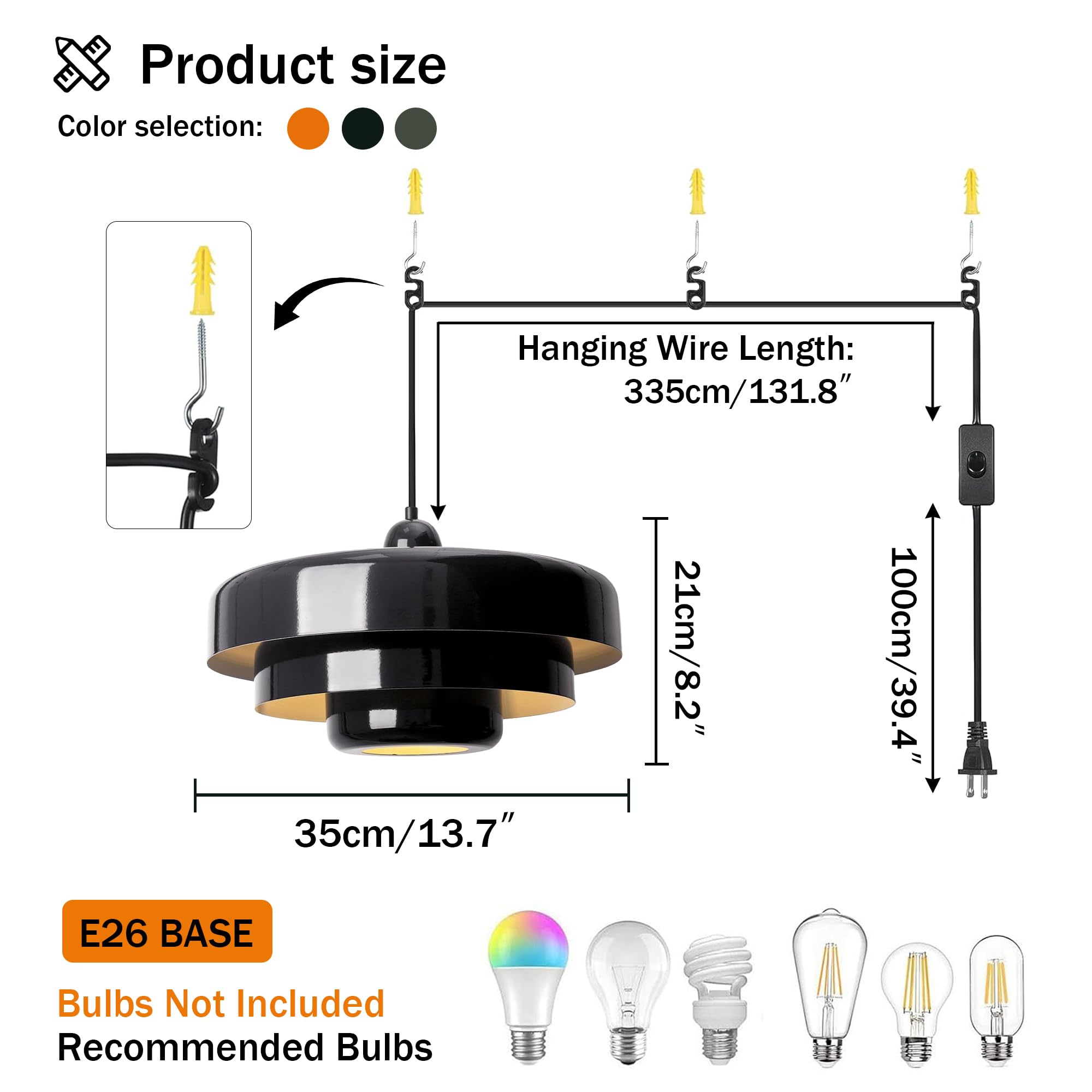 Doungros Black Pendant Light With Plug In Cord Modern Pendant Lighting 3-Layer Nordic Style Metal Shade Hanging Light Fixtures Hanging Lamp For Kitchen Island Dining Room Bedroom