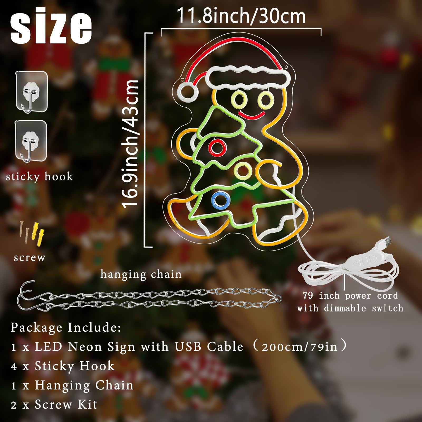 NENONTUP Gingerbread Man Neon Sign, Dimmable LED Light, 30*43cm, Christmas B, USB Powered Decor for Home, Office, Bar