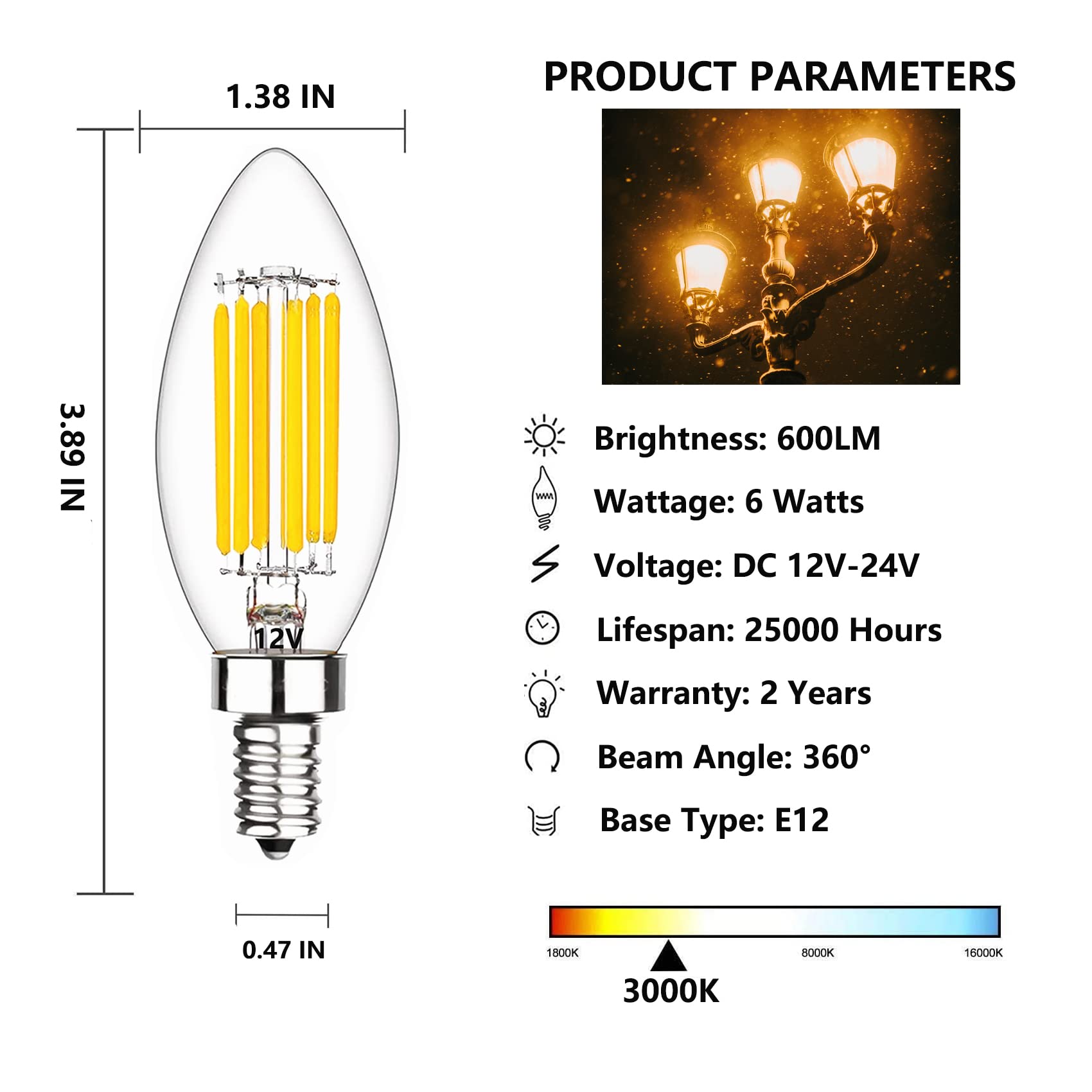 Shuwdkar Low Voltage Bulbs 12 Volt Candelabra Base Led Bulbs, 12V Candelabra Led Light Bulb 6W (60W Equivalent) Soft White 3000K