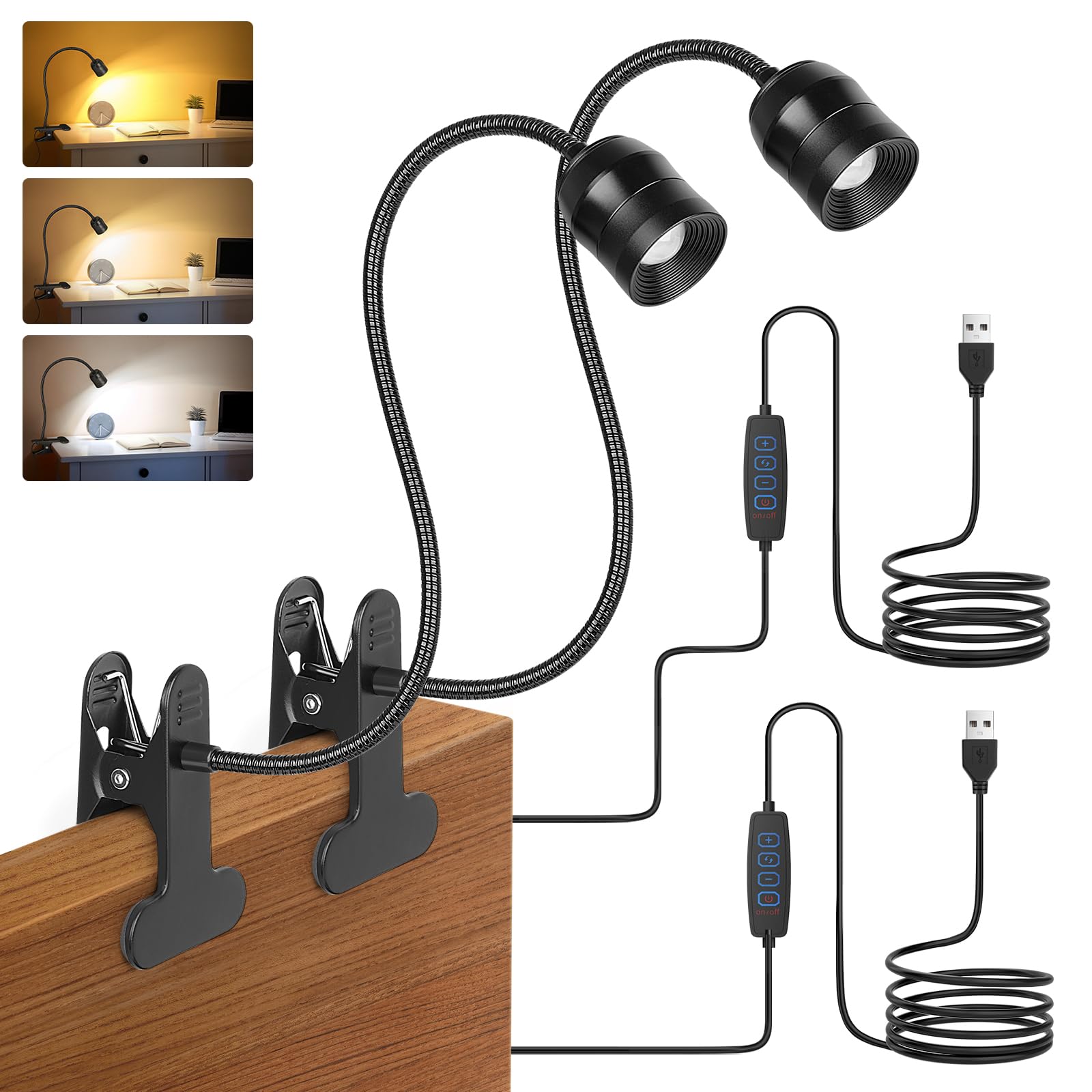 Assimilans Clip on Light - 2 Pack Dimmable Reading Lights for Bed with 3 Color Modes & 10 Brightness & 15- 80 Adjustable Angle, 
