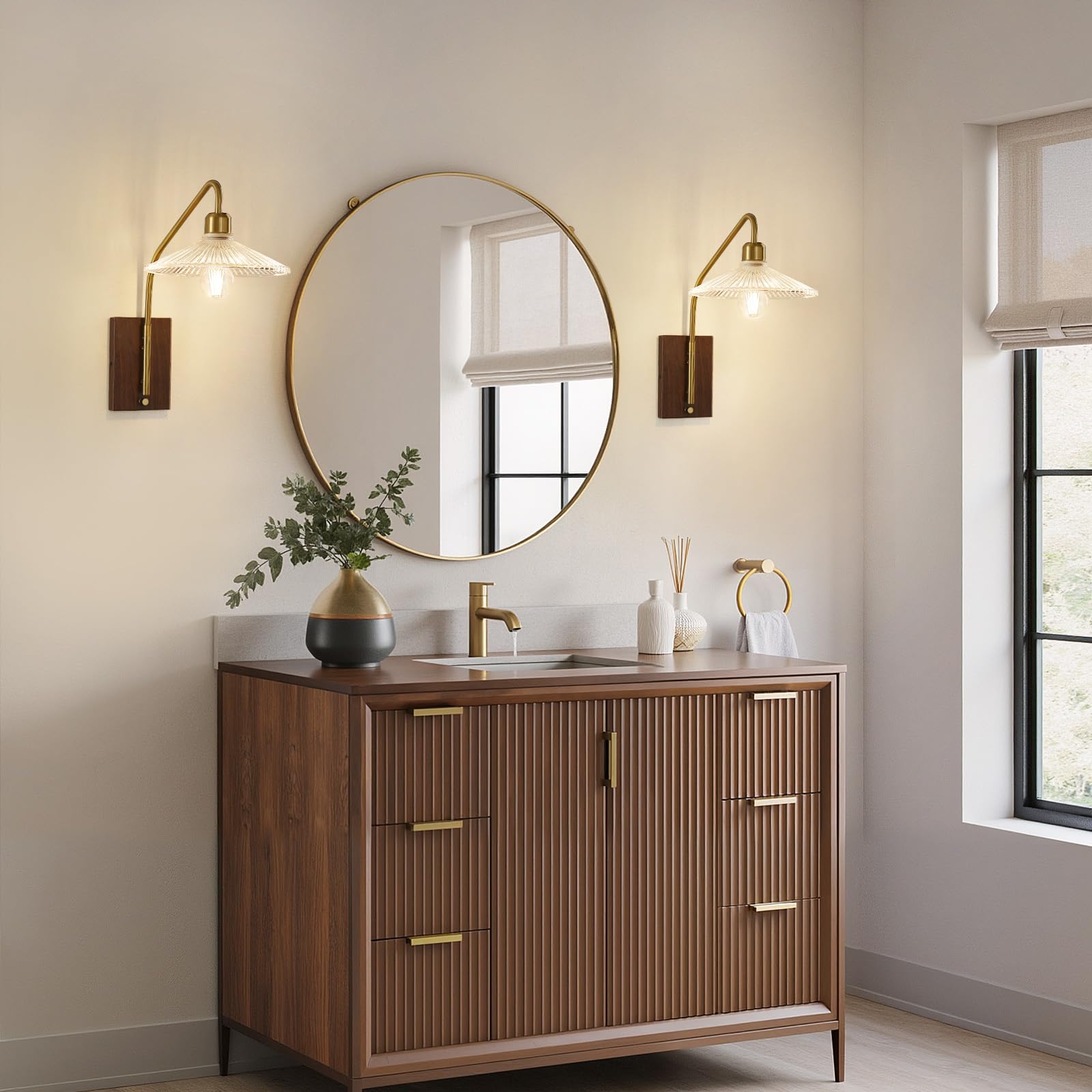 AIJIASI Gold Plug-in Wall Sconces Set of Two with Glass Shade, Swing Arm Design for Bedroom, Bathroom, Living Room (Model 8240WL)