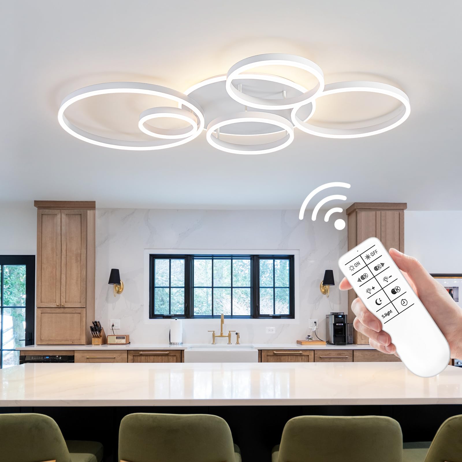 ONeeldy Modern Led Ceiling Light White Flush Mount Ceiling Lights Fixtures Dimmable 47 Dining Room Light Fixture With Remote 6 Rings Kitchen Lighting Fixtures Ceiling Lamp For Bedroom Living Room