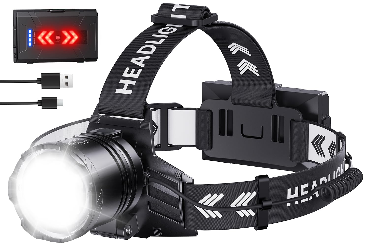 SWZA Super Bright Headlamp 2000 Lumens Rechargeable, 7 Modes, Zoomable, Adjustable, Black, Model 3541, 1 Pack