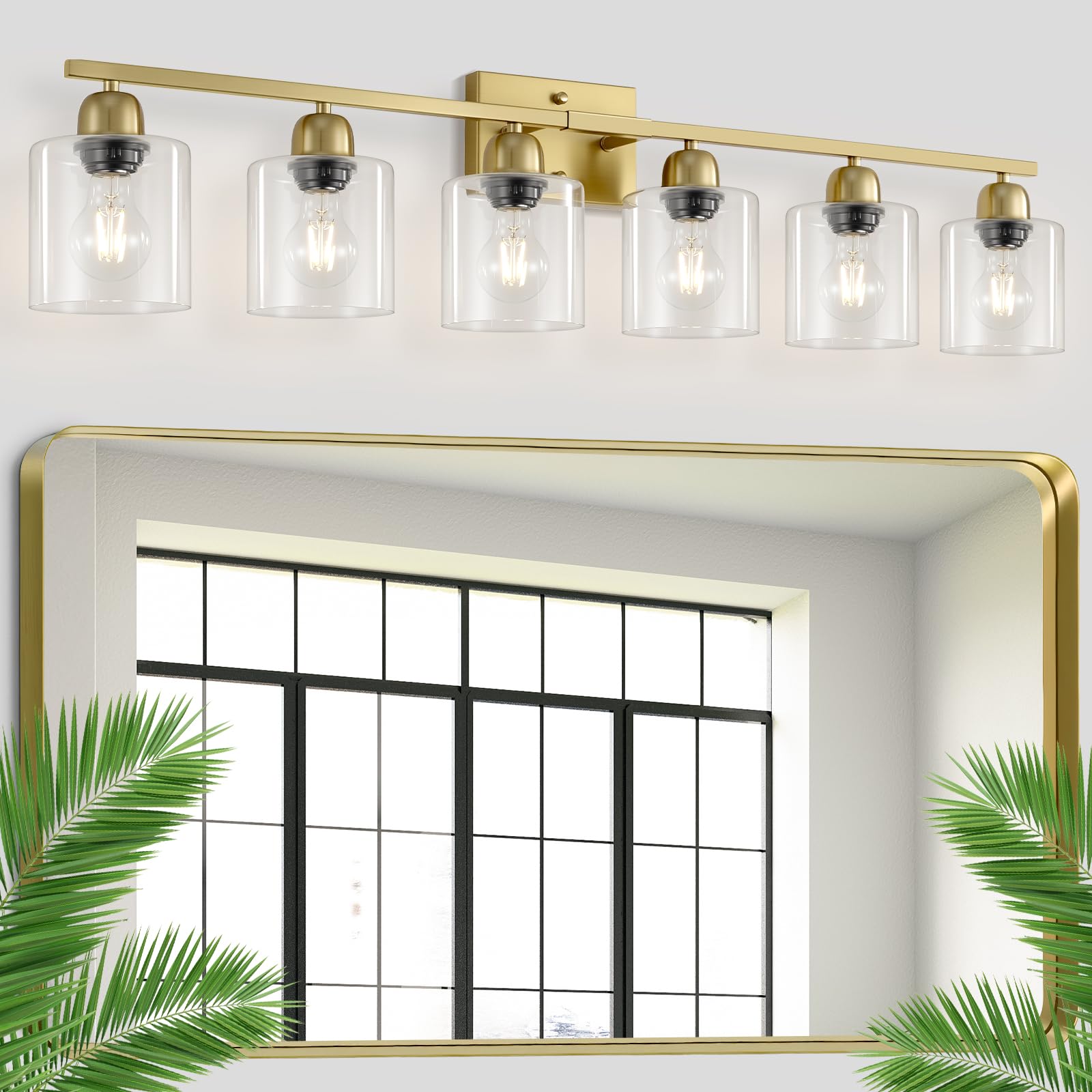 FAISHILAN Black 6-Light Bath Vanity Lights for Mirror  Restroom Lights Fixtures with with Clear Glass Shades Bathroom Over Sink Light Fixtures  Bathroom Light Fixtures Over Mirror
