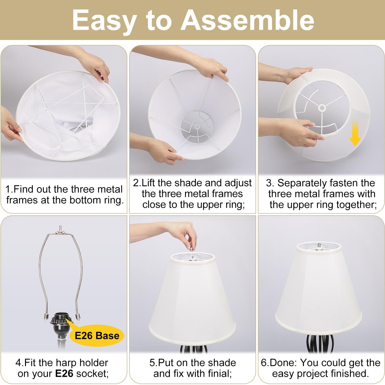 White Lamp Shades Set Of 2, Bell Lamp Shades 6''Top X 13''Bottom X 10''High, Medium Shade Replacement Fabric Natural Linen Hand