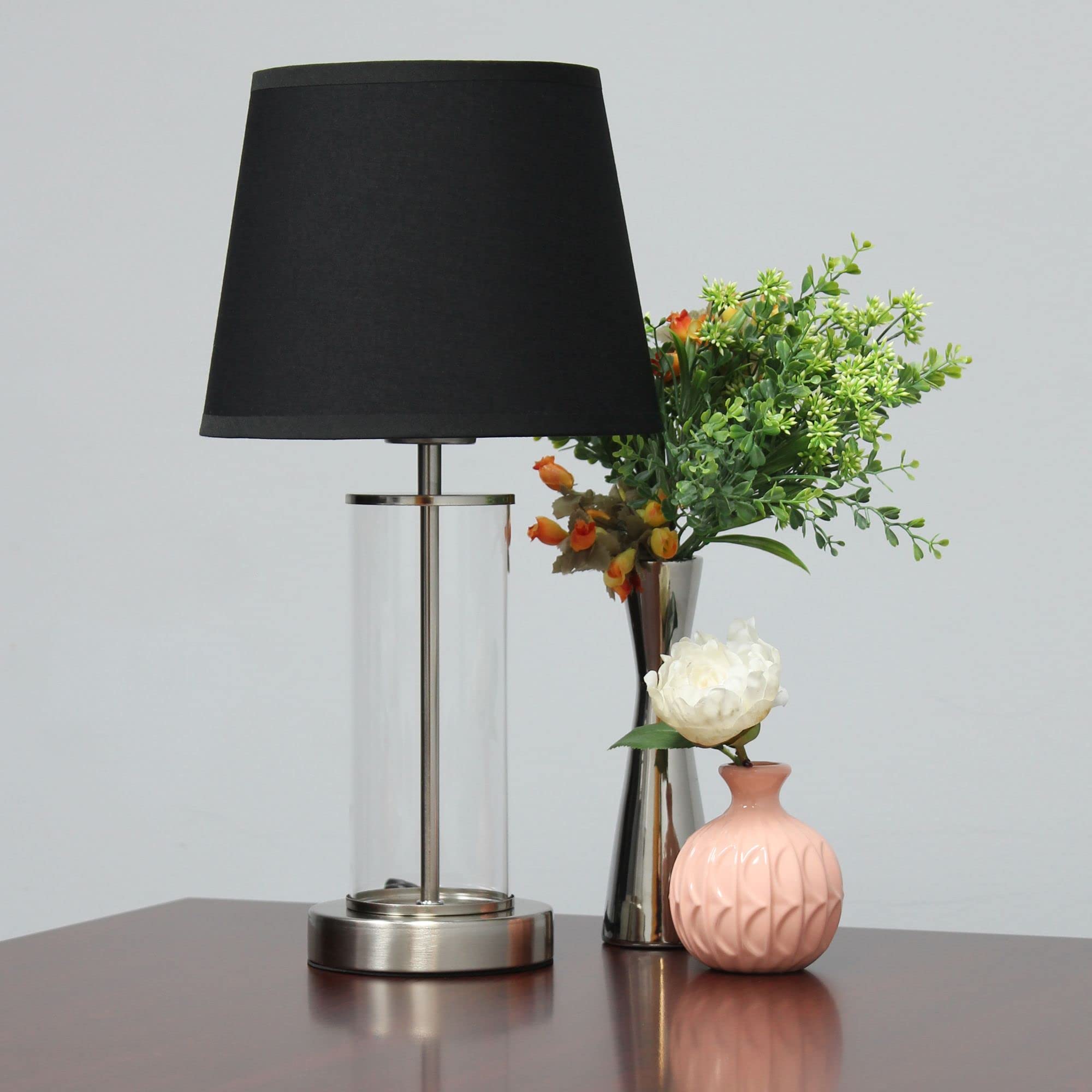 Simple Designs Bedside Table Lamp, Modern Coastal, 8.66inL x 8.66inW x 16.93inH, Brushed Nickel, Black Shade, Model LT2081-BSB