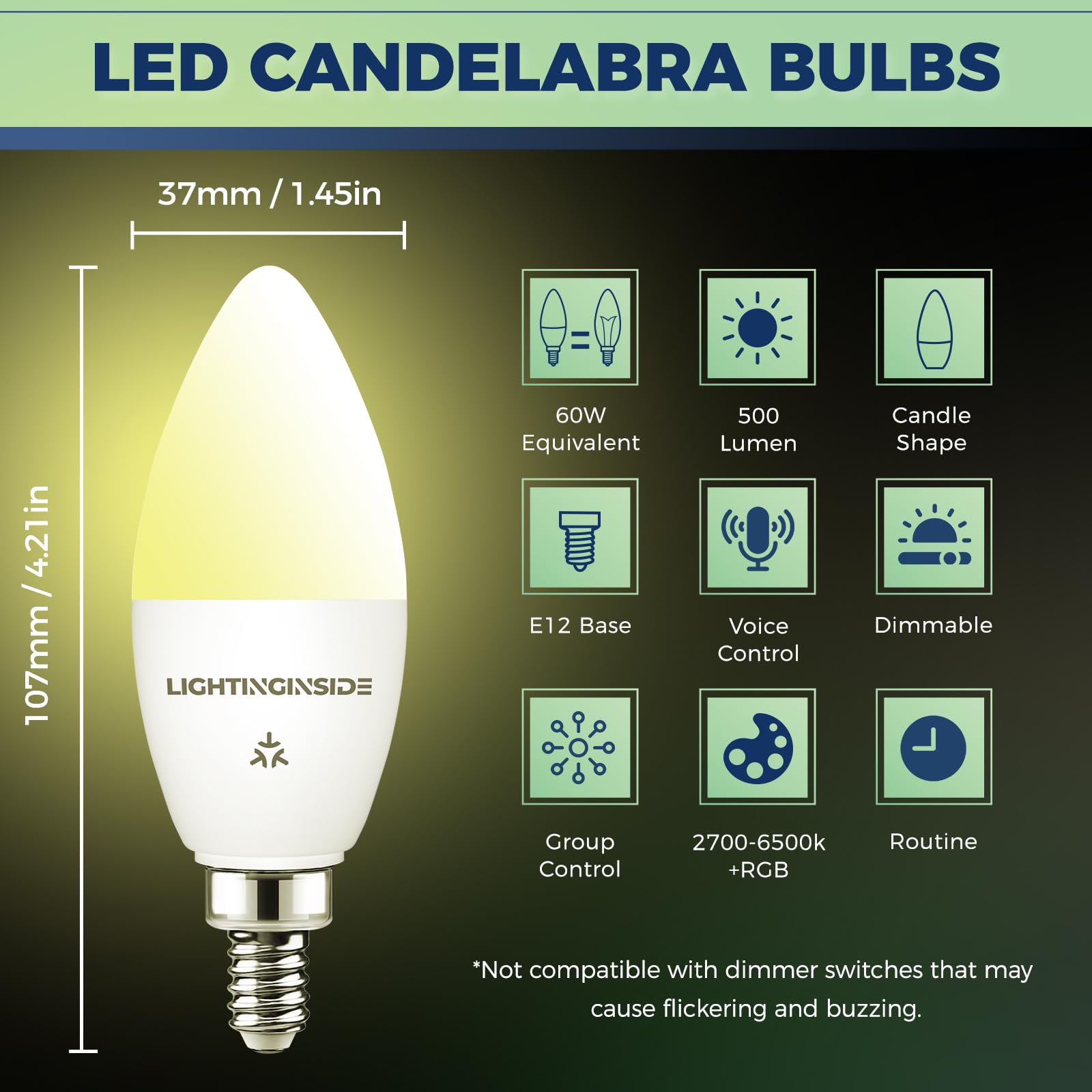 Lightinginside Matter Candelabra Smart Light Bulbs 60W Equivalent, 500Lm 6W E12 Led Bulb Compatible With Alexa/Siri/Apple Home/G