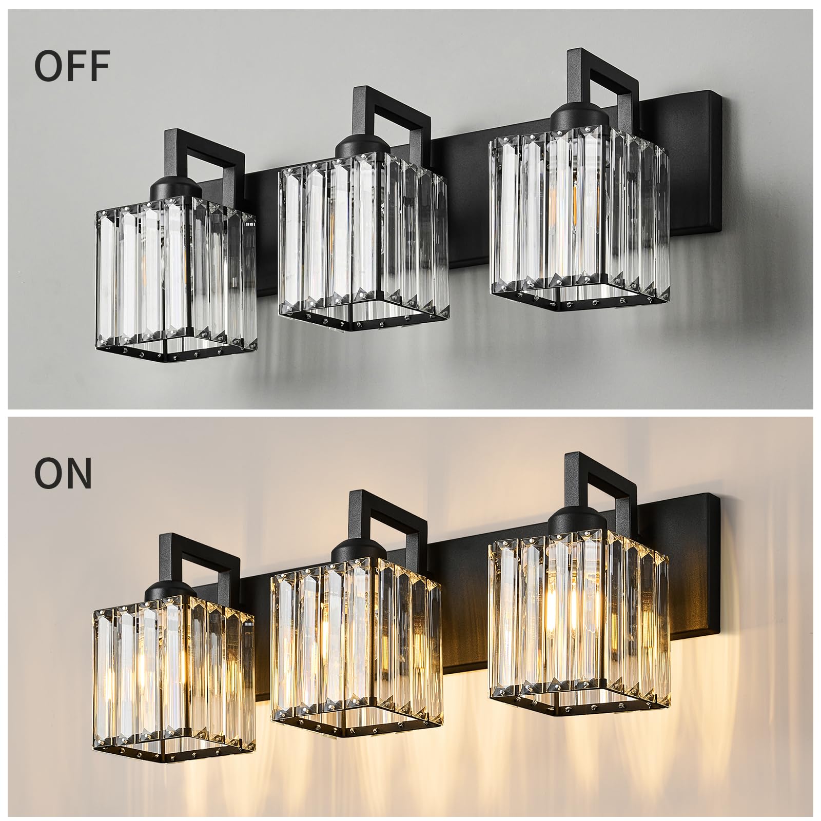 Fdpby Modern Bathroom Vanity Light 3-Lights Black Crystal Wall Lamp Bathroom Modern Crystal Vanity Lighting