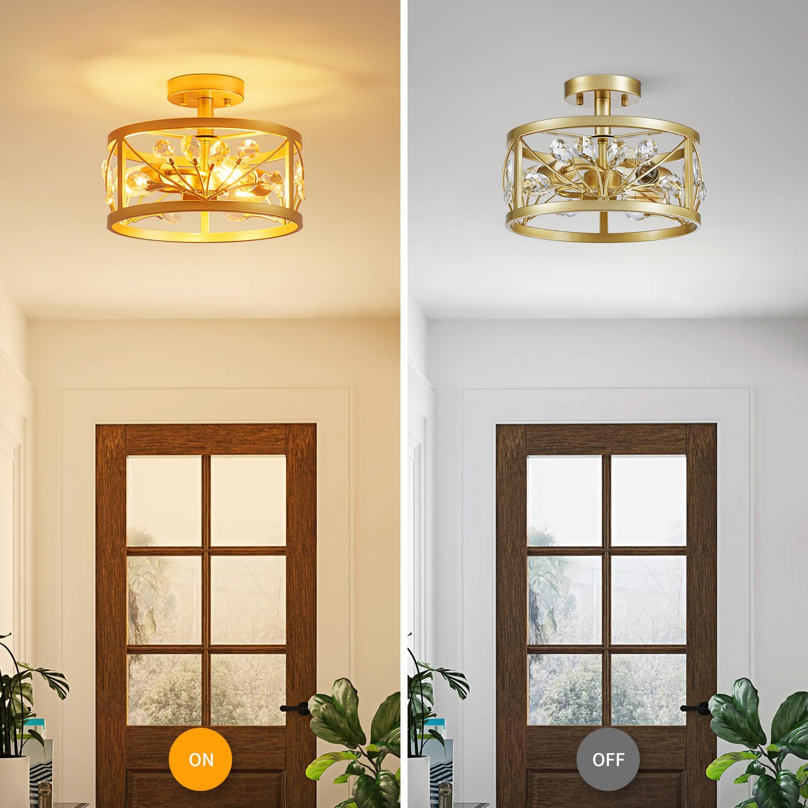 Wuzups Crystal Leaf Chandelier 3-Light Vintage Farmhouse Industrial Semi-Flush Mount Ceiling Light Modern Lighting Fixture For F