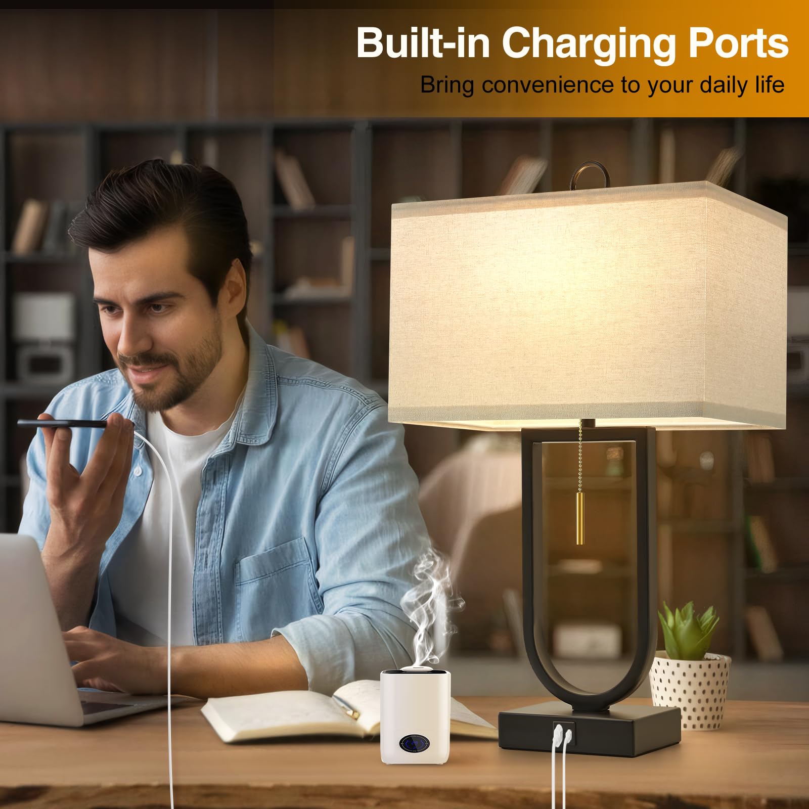 Luvkczc 24'' Table Lamps Set Of 2 With Usb C+A Ports, 3-Way Dimmable Tall Modern Lamps For Night Stands, Contemporary Lamp For Living Room Home Office, Pull Chain Switch&2 Led Bulbs Included