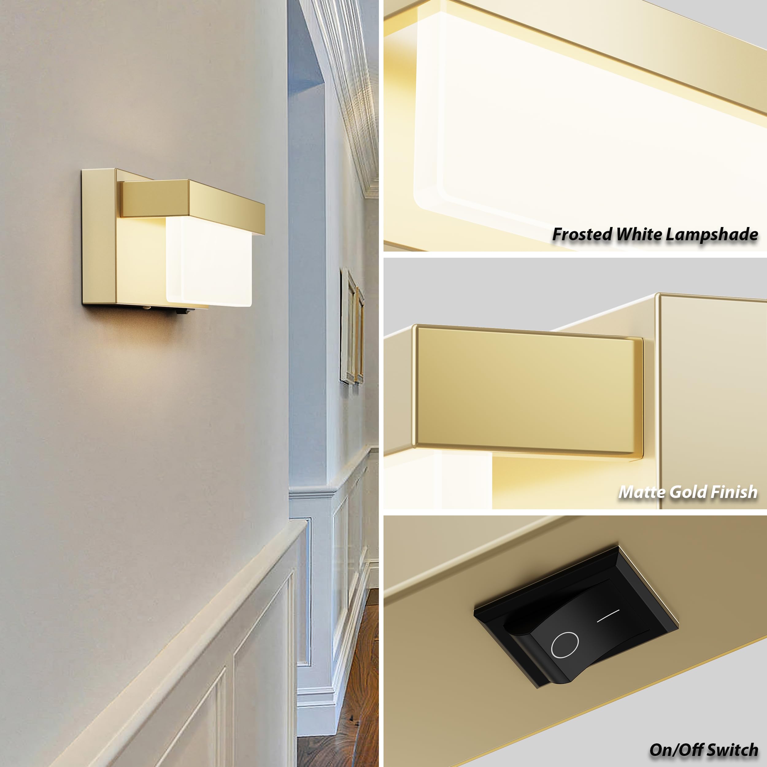 Lightinn Wall Sconce Champagne Gold Wall Light With On/Off Switch 8 Inch Led Wall Lamp Acrylic Lampshade 4000K Sconce Wall Lighting