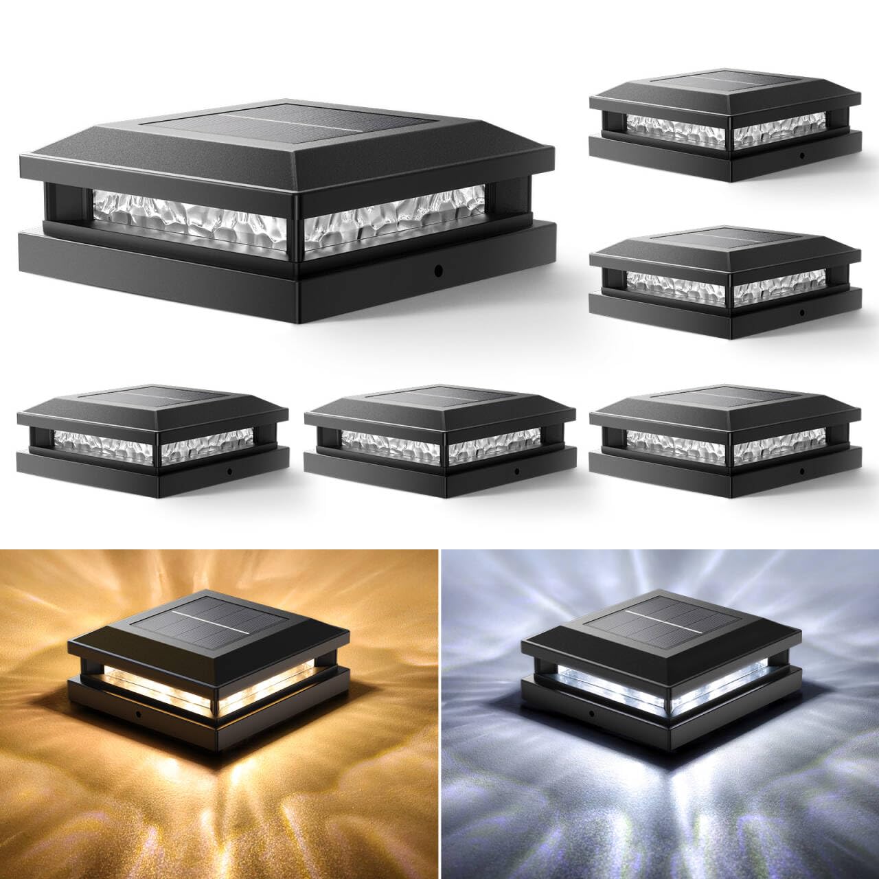 Bosceos Solar Post Cap Lights 6-Pack  2 Modes 16LEDs Bright Solar Post Lights Outdoor Waterproof  Fence Posts Cap Light  Deck Light for 4x4 4.5x4.5 5x5 Posts for Patio Garden Decor  Black