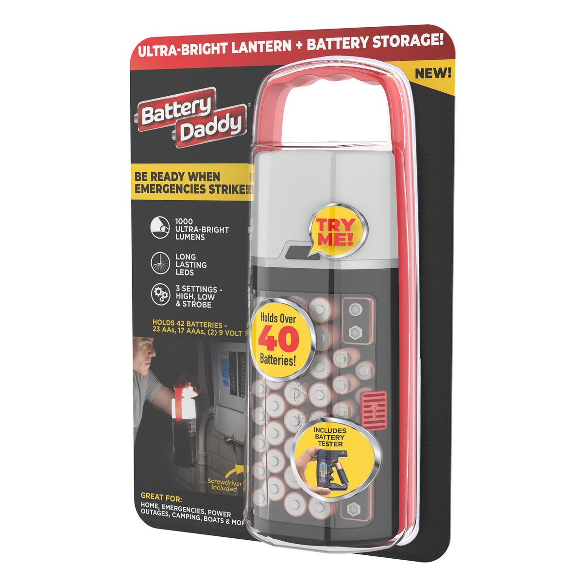 Battery Daddy Lantern, 2-In-1 Battery Powered Lamp & Battery Organizer, Ultra-Bright 1,000 Lumens Utility Light, Stores & Protec