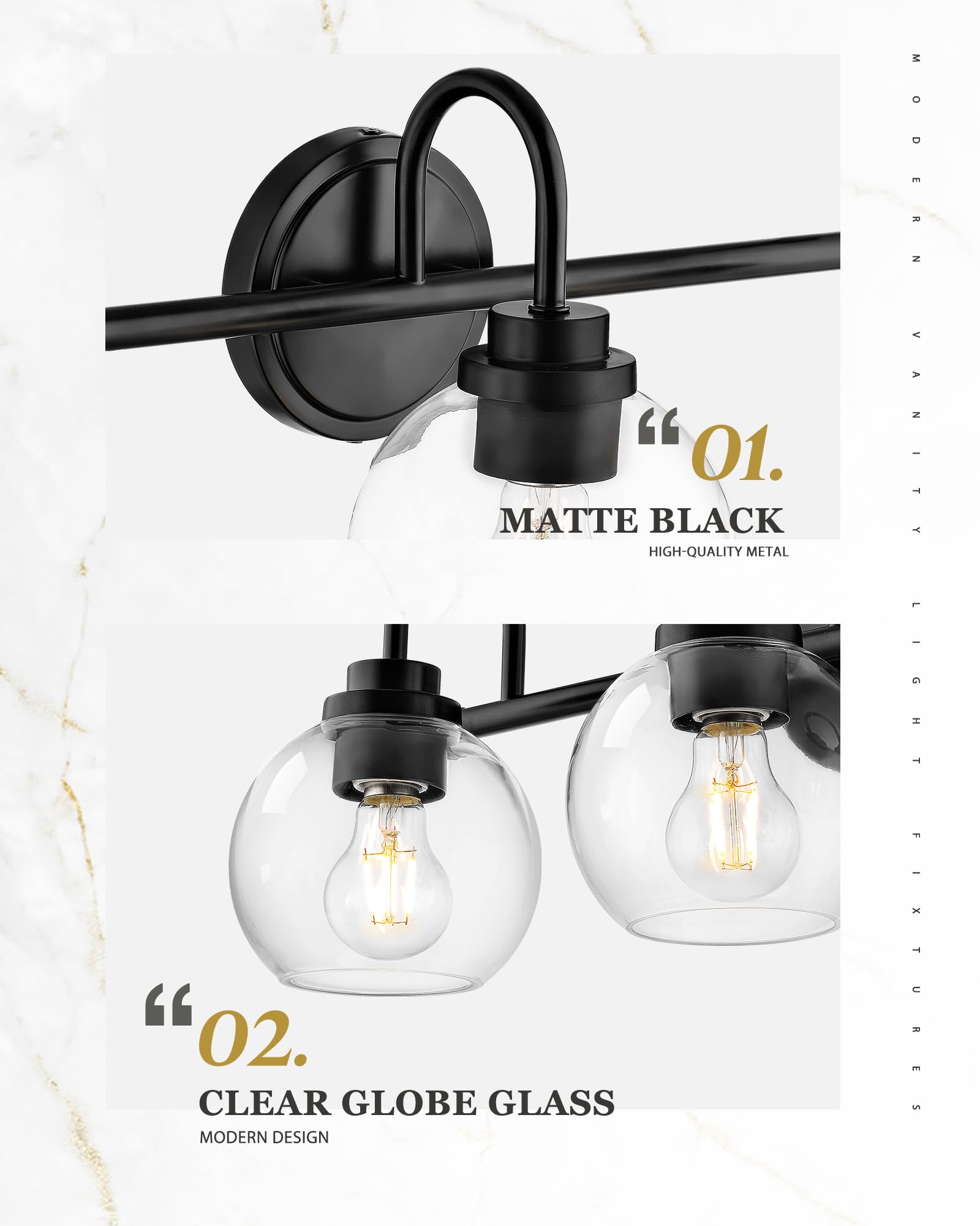 Audickic Bathroom Light Fixtures, 3-Light Matte Black Vanity Lights With Globe Clear Glass, Modern Vanity Lighting Fixtures Over Mirror, Ad-22280-3W-Bk