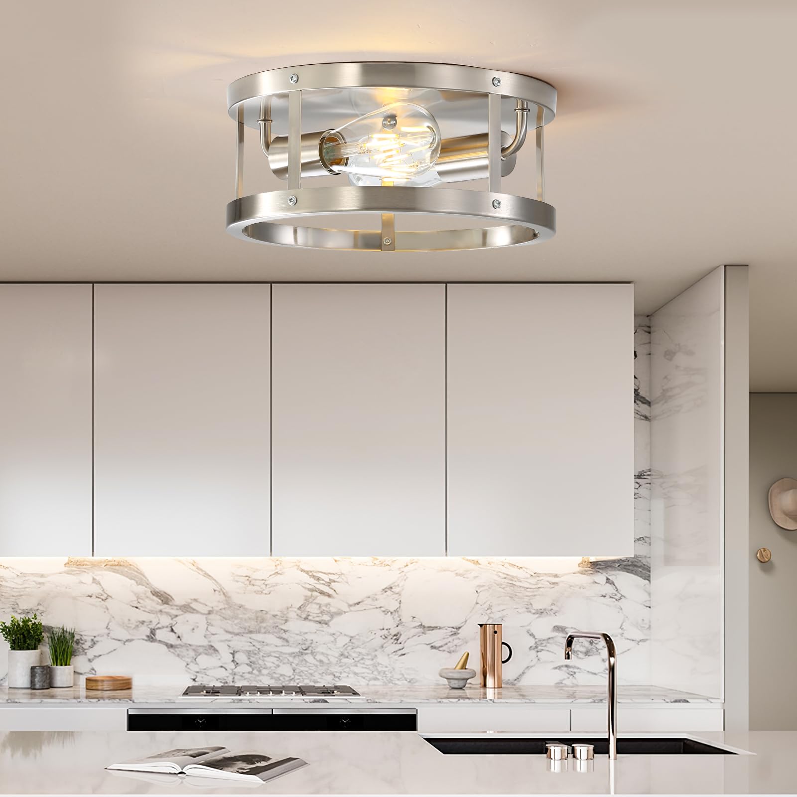 Eietonte Farmhouse Semi Flush Mount Ceiling Light, Brushed Nickel 11 Inch 2-Light Metal Cage Light Fixture Ceiling Mount, Indust