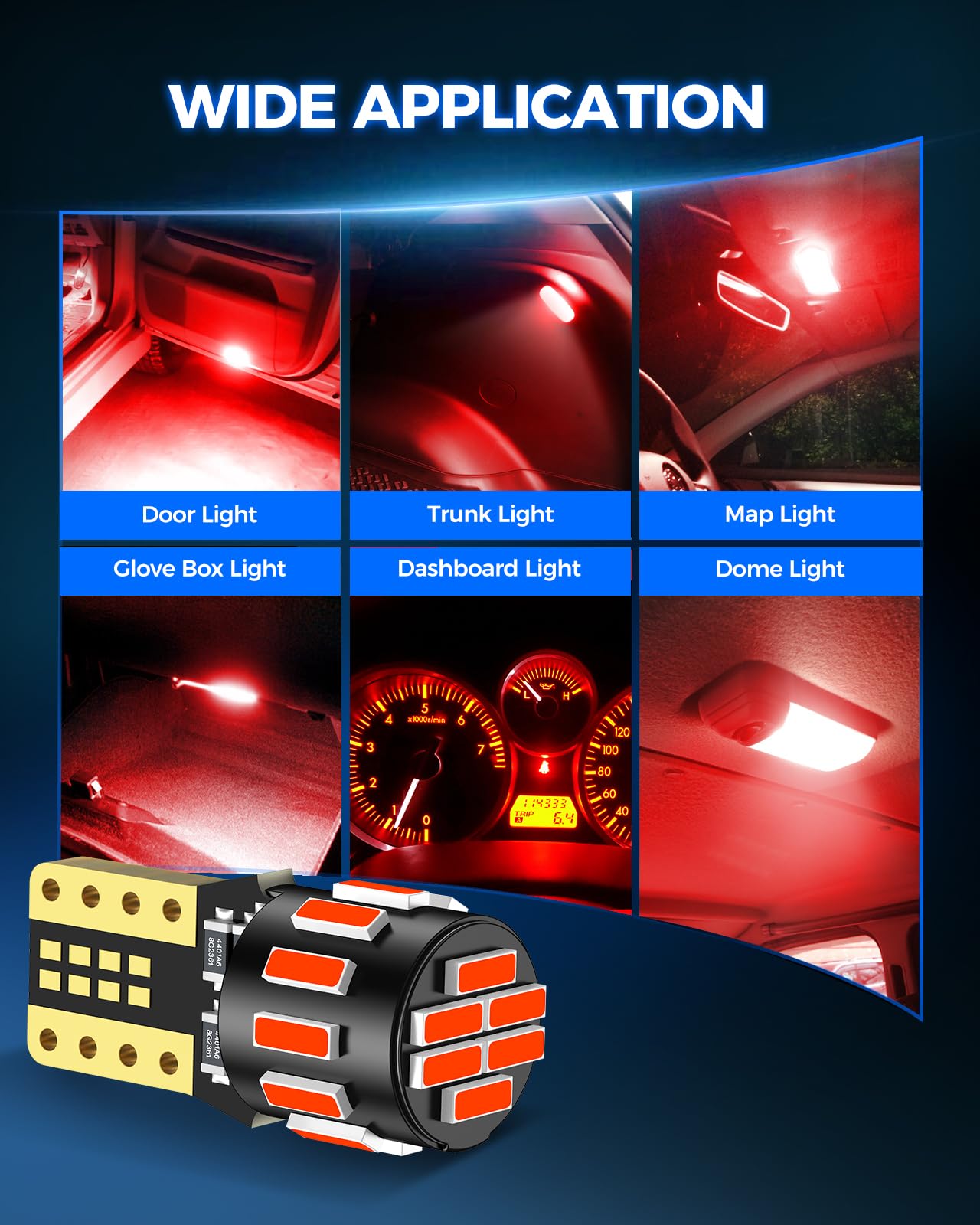 Marsauto 194 LED Bulb Red - Super Bright Dome Map Light Replacement, Pack of 10, T10 Wedge, 168 2825 W5W