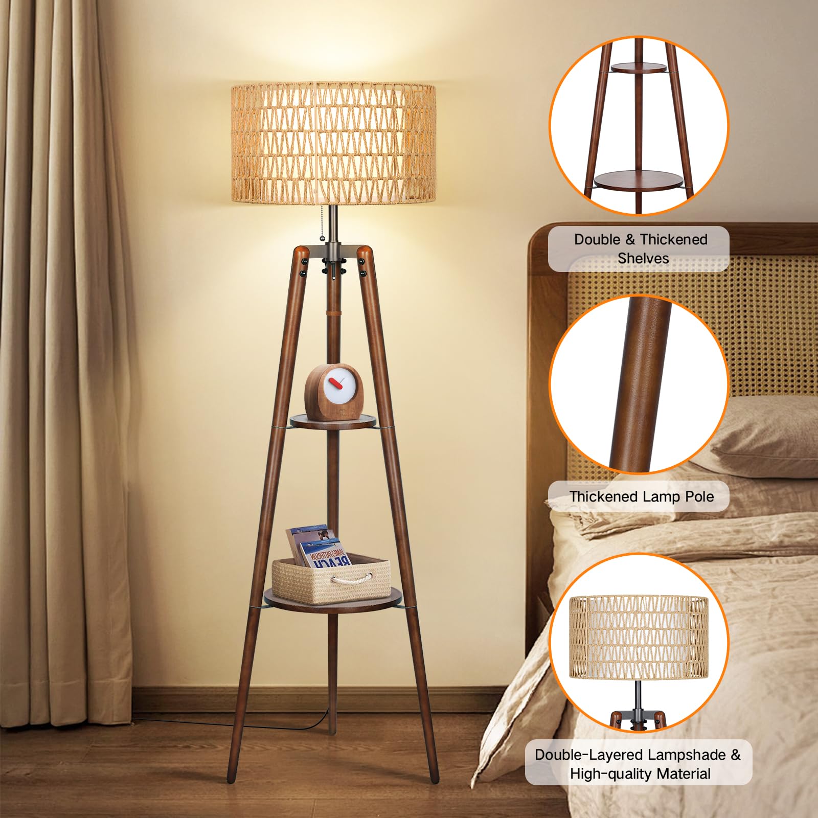 OUTON Boho Rattan Tripod Floor Lamp, Dimmable Wood Standing Lamp with Remote, Walnut, Includes Bulb, Ideal for Living Room & Bedroom