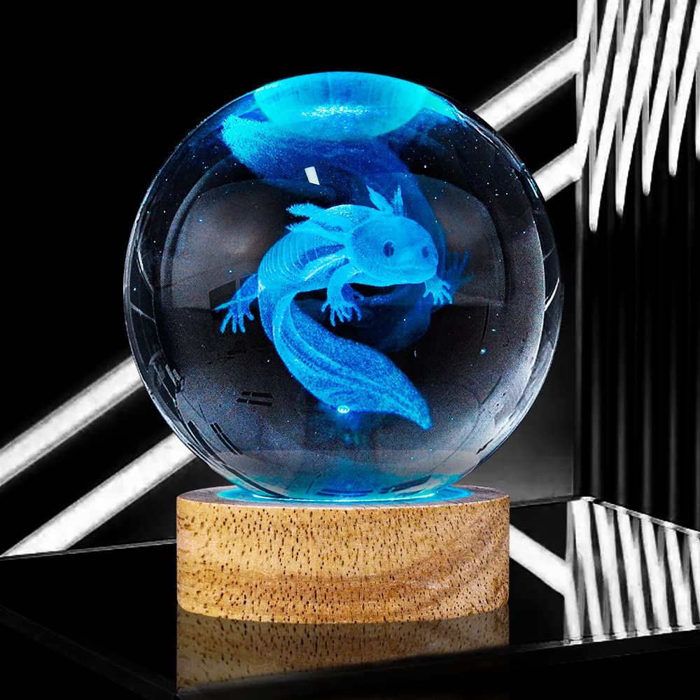 Yylzephb 3D Axolotl Crystal Ball Night Light With 16 Color Led Wooden Base, Upgraded 3.15 Inch Axolotl Glass Ball Lamp With Remo
