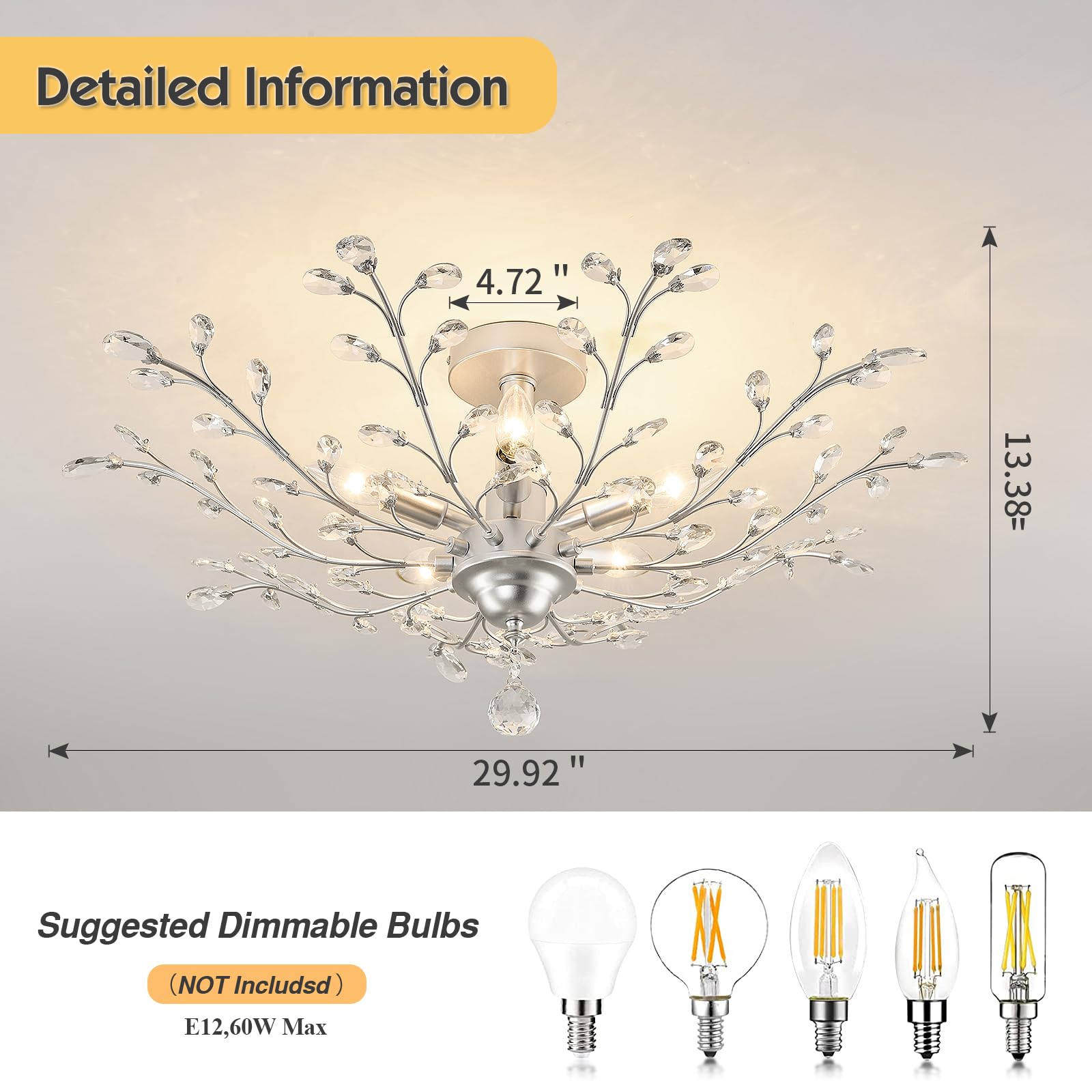 Cvkash 5-Light Vintage Small Crystal Chandelier Modern Silver Branche Ceiling Light Fixture Farmhouse For Kitchen Dining Room Li