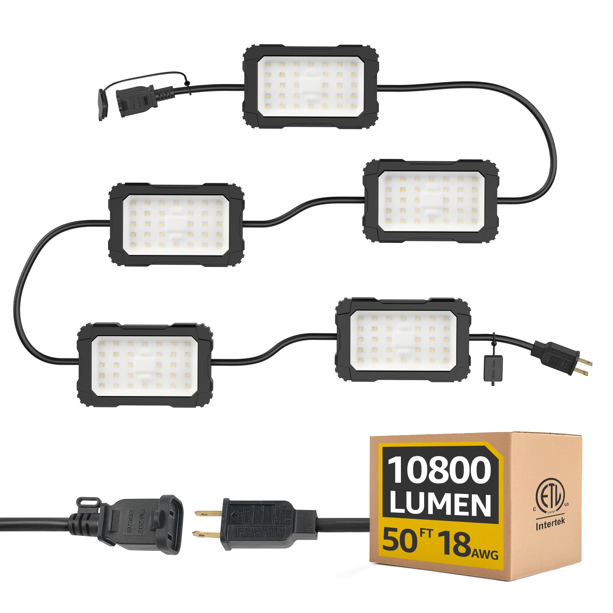 Omlite LED Work String Lights: Super Bright 90W 10800LM ETL Listed Linkable Waterproof Outdoor/Indoor Temporary Hanging Lighting for Construction Attic Jobsite Garage