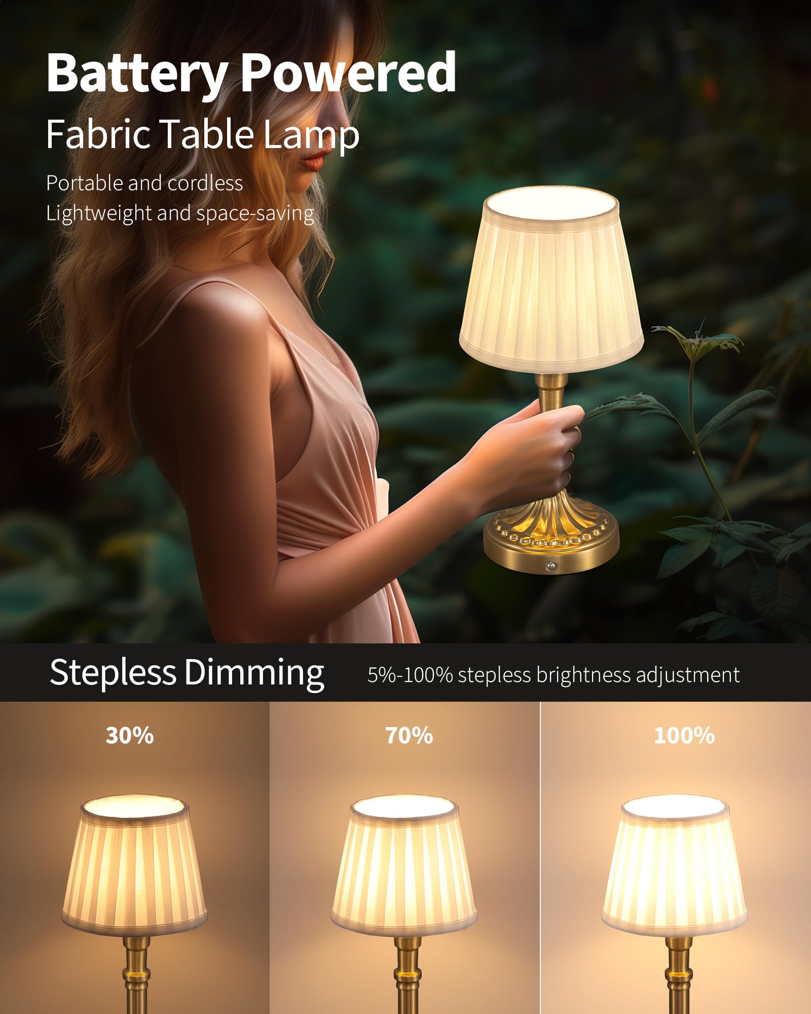Kdg Cordless Portables Table Lamp, Led Fabric Shade Small Desk Lamps, 4000Mah Battery Powered Lighting, 2700K Stepless Dimmable
