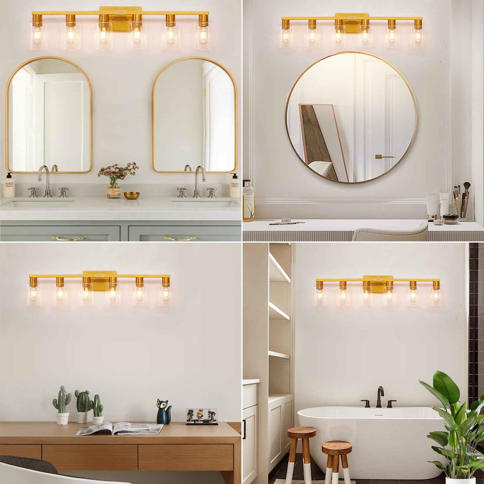 Hdasic 6 Light Bathroom Light Fixtures  Large Gold Bathroom Vanity Light With Clear Glass Shade  Brushed Brass Gold Bathroom Lighting Fixtures Over Mirror  Modern Wall Scones For Bedroom Living Room