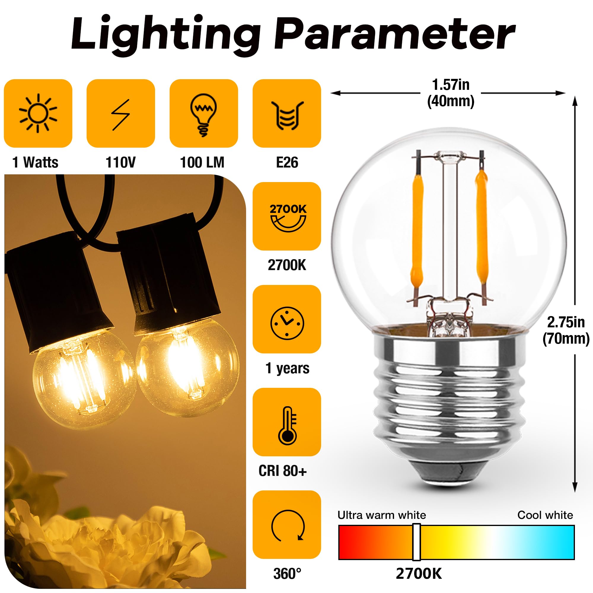 Grensk E26 Low Light Bulbs,1Watt G40 Edsion Small Led Light Bulbs Equal To 10W Incandescent,2700K Warm White For Bedside Lights, Wall Lights, Porch Lights, Courtyard Light Strings,230V,2Pcs