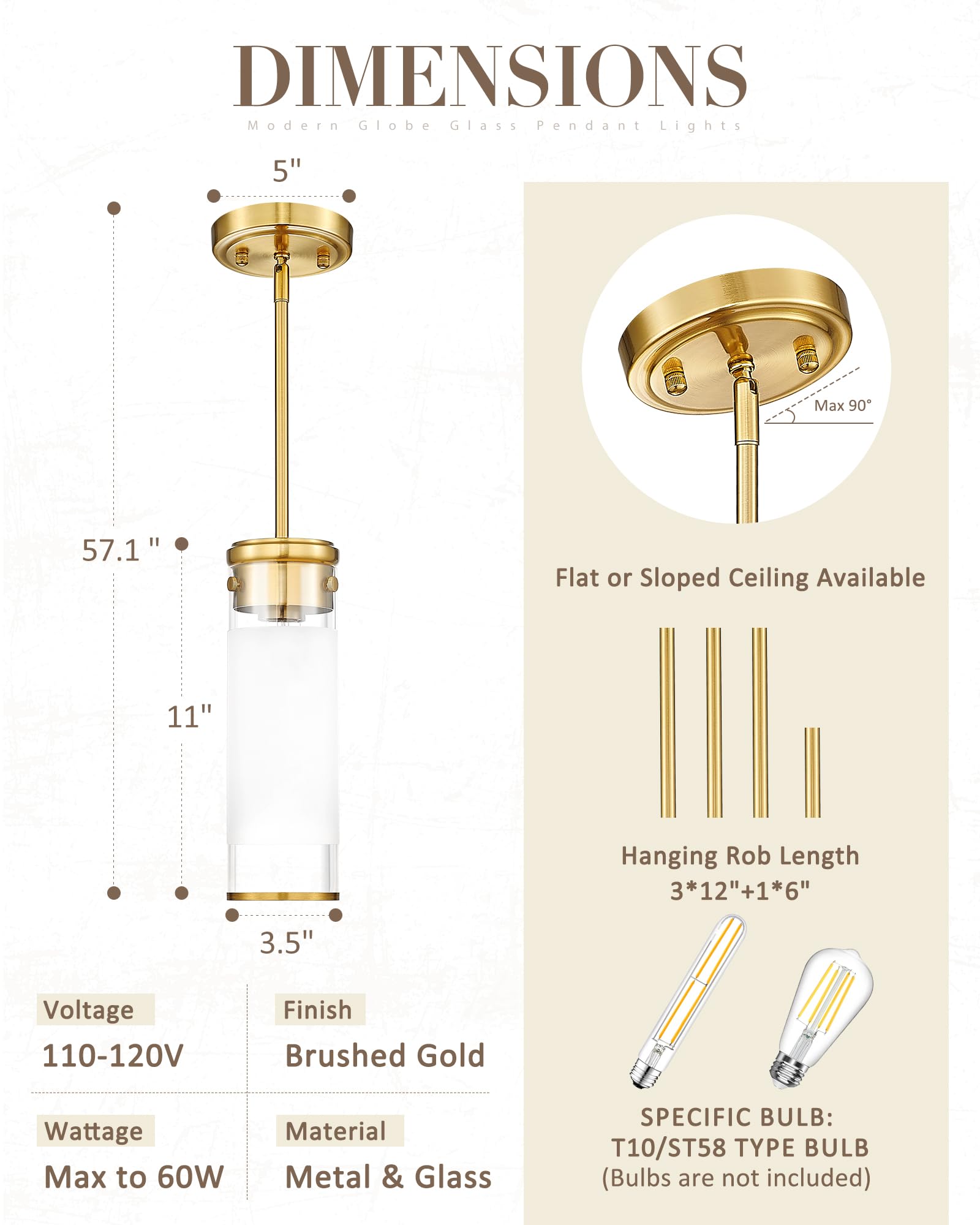 Jazava Frosted Glass Pendant Lights, Modern Cylindrical Hanging Light Fixtue With Polised Gold Finsh For Kitchen Island Dining R