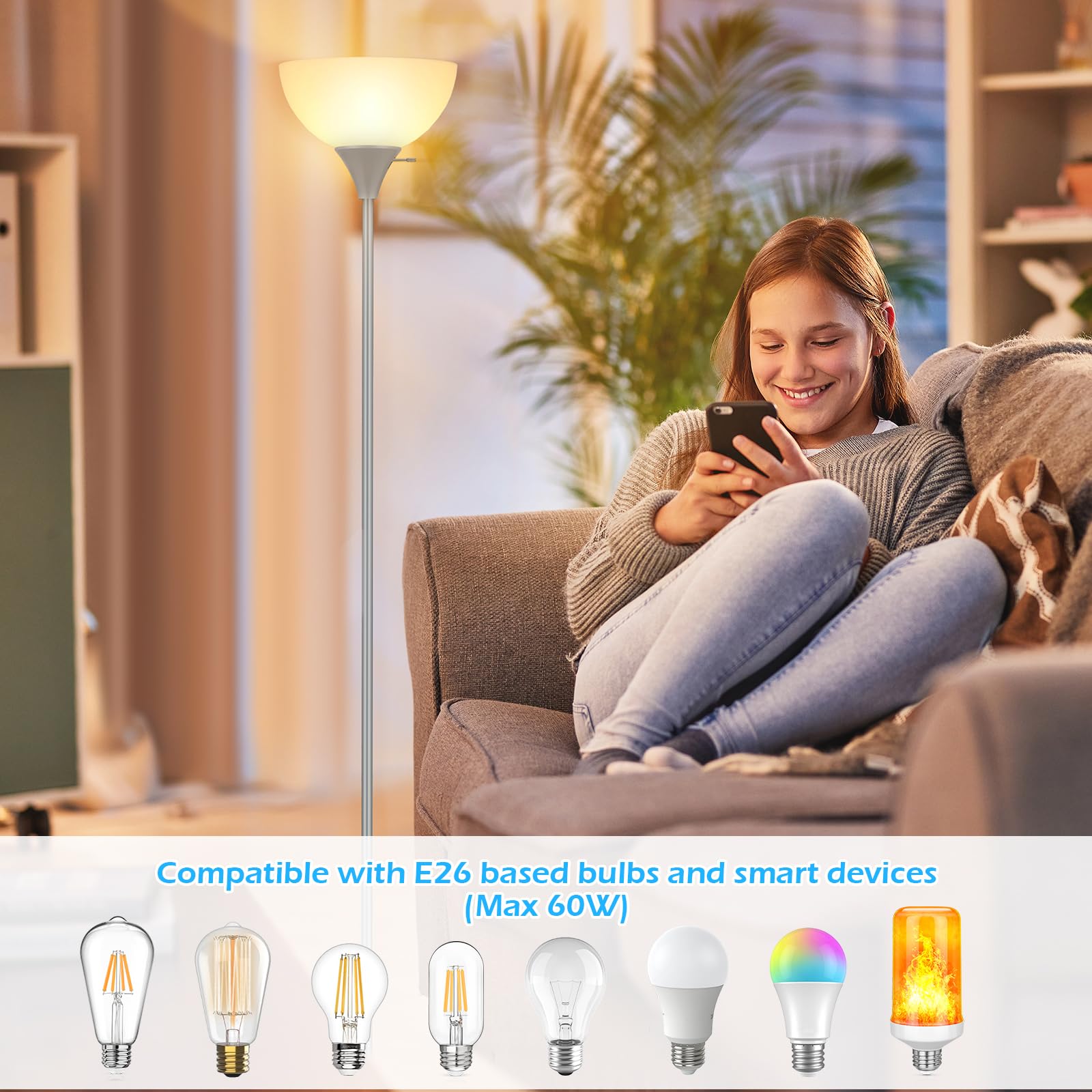 Coucrek Floor Lamp  Led Standing Lamps With White Plastic Shade  Corner Floor Lights For Living Room Bedroom  Rotary Switch  Bulb Not Included  Grey