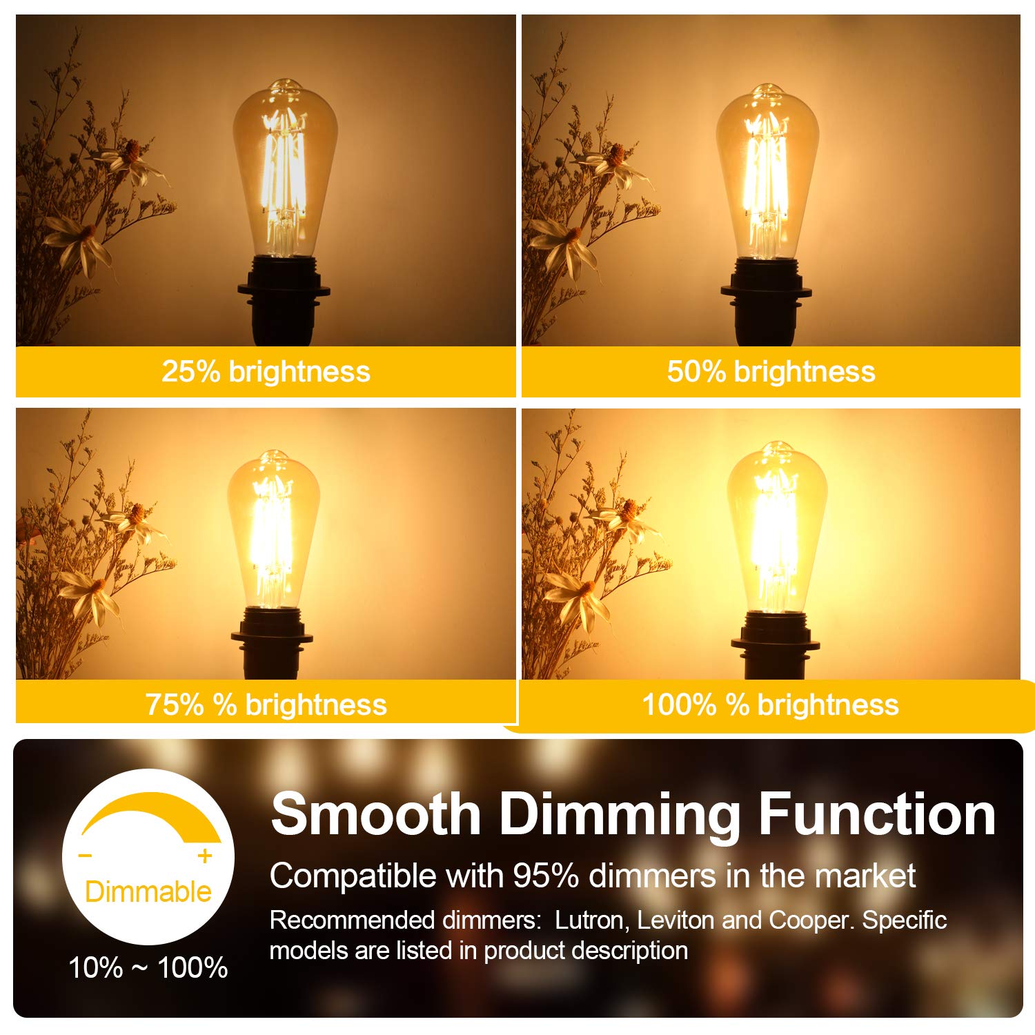 TOBUSA Dimmable LED Edison Bulbs 8W 1200LM, 100W Equivalent, Vintage Amber Glass, 2700K Warm White, ST64, 4-Pack