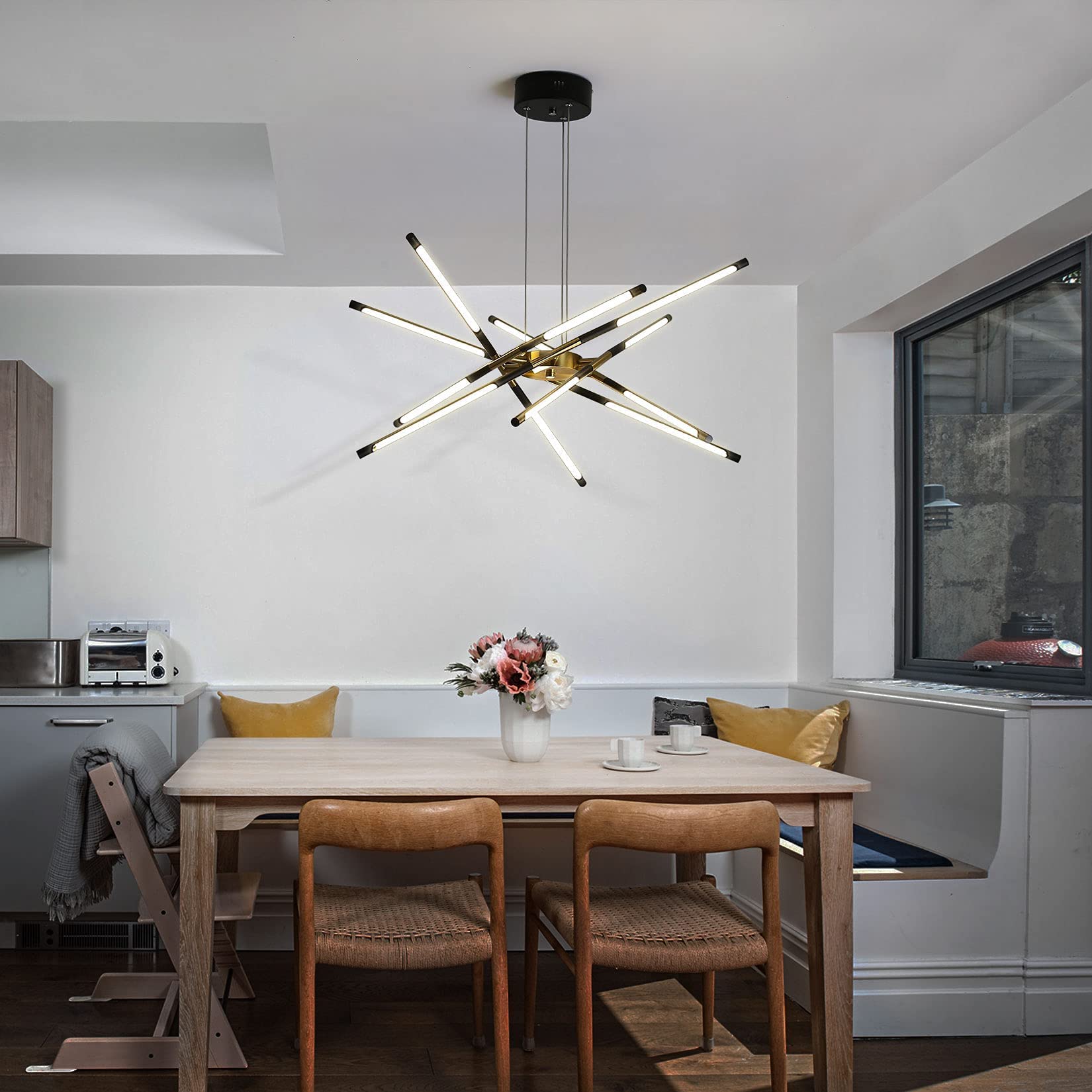 Modern Chandelier,Black And Gold Chandelier 12 Light Led Dimmable Pendant Lights,Easy To Install Ceiling Light 54W Linear Hangin