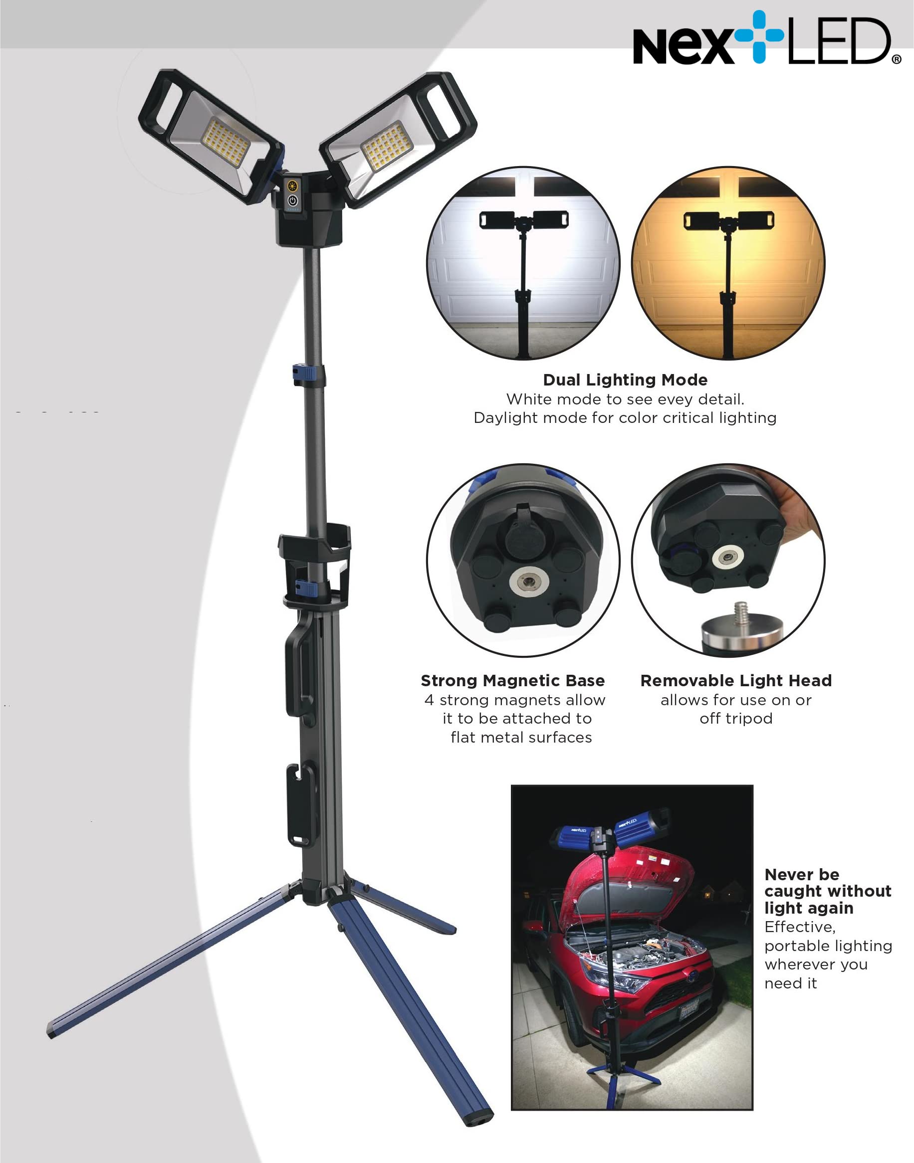 Nextled Nt-6926 Heavy Duty Battery Powered Shop Light, Portable Light Tower, Battery & Charger Included, Detachable Magnetic Lamp, 4000/6500K, 6 Modes, 5000 Lumen Portable Led Work Light With Stand