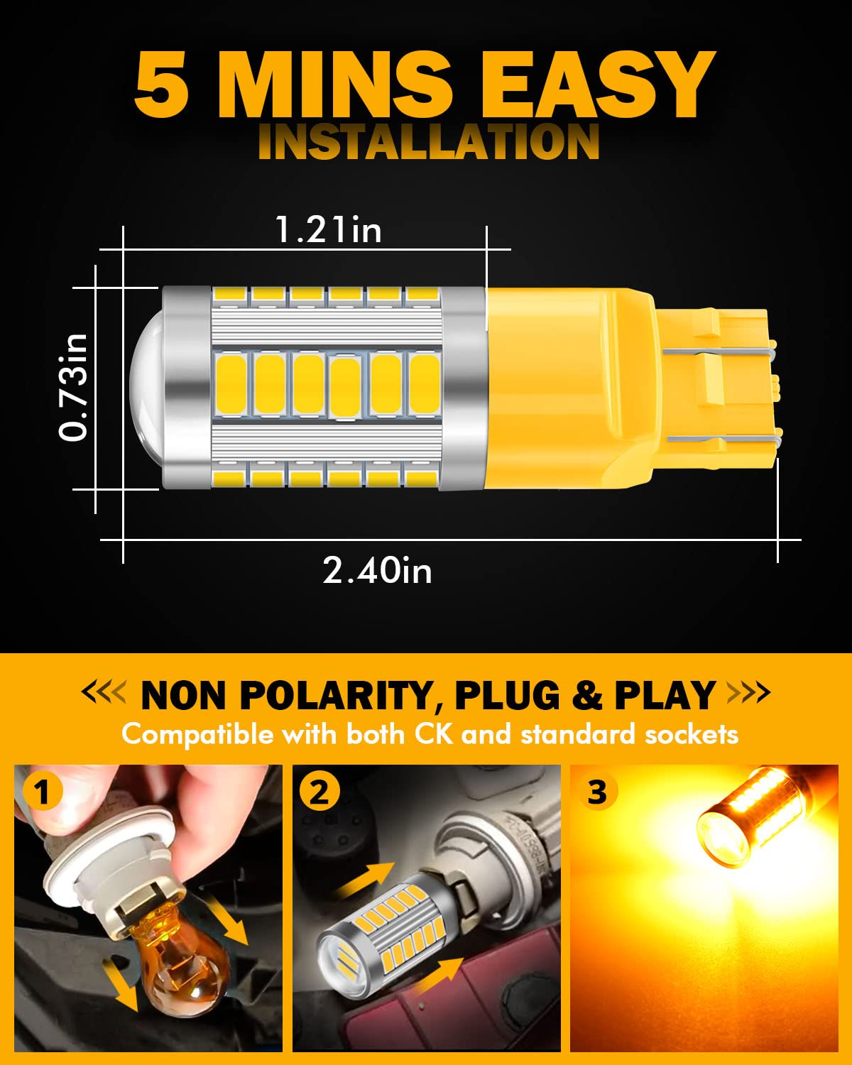Auxbeam 7440 7443 LED Bulbs - Amber Yellow, 3500K, T20 Replacement Kit for Turn Signal Lights, Pack of 2