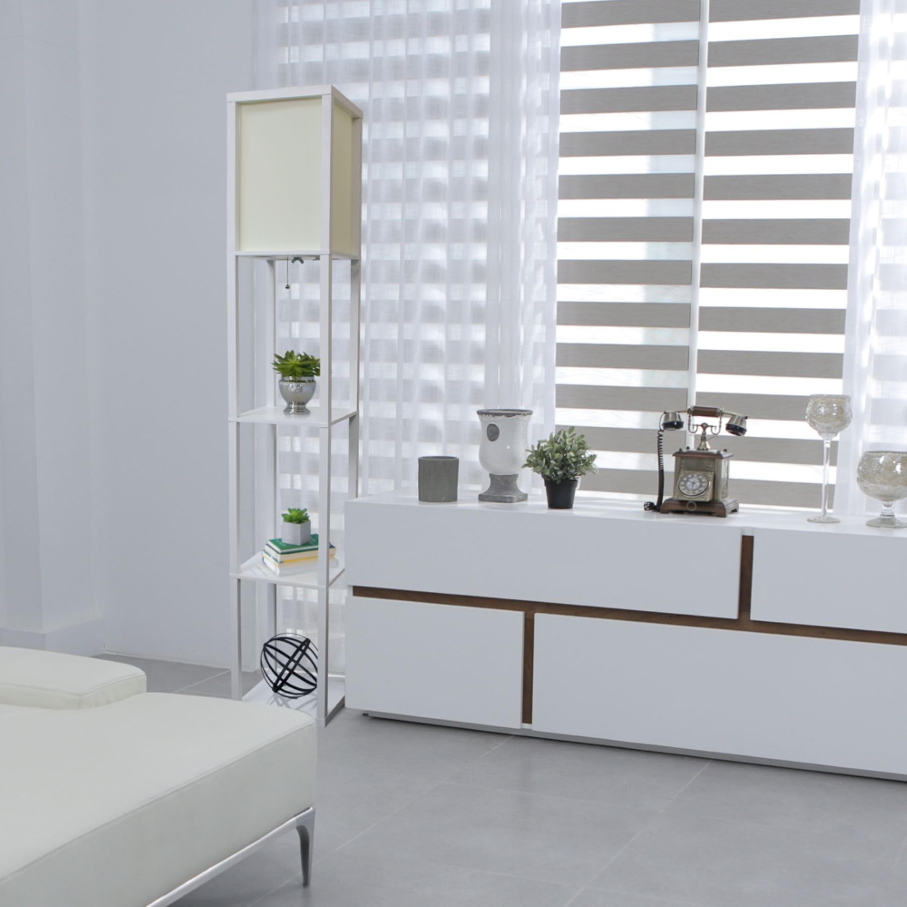 Simple Designs Lf1014-Wht Etagere Organizer Storage Shelf Floor Lamp, White, Engineered Wood, No Bulb