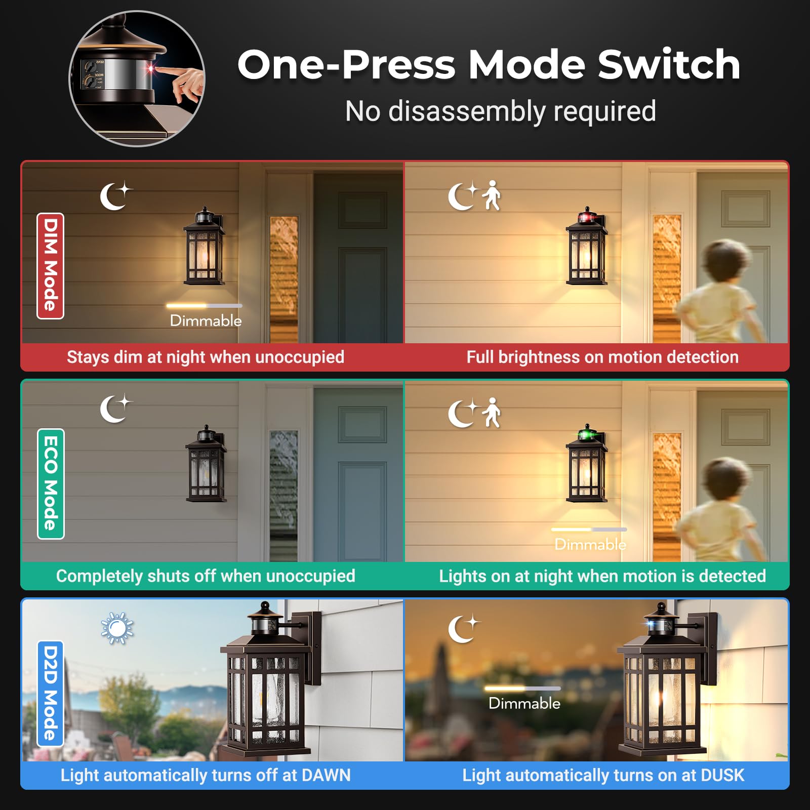 Opaxis Adjustable Sensitivity Motion Sensor Outdoor Lights  2 Packs Oil Rubbed Bronze Exterior Lighting Fixtures With Gold Trim  Orb Outdoor Garage Lights Wall Mount For House  Garage  Doorway  Coach
