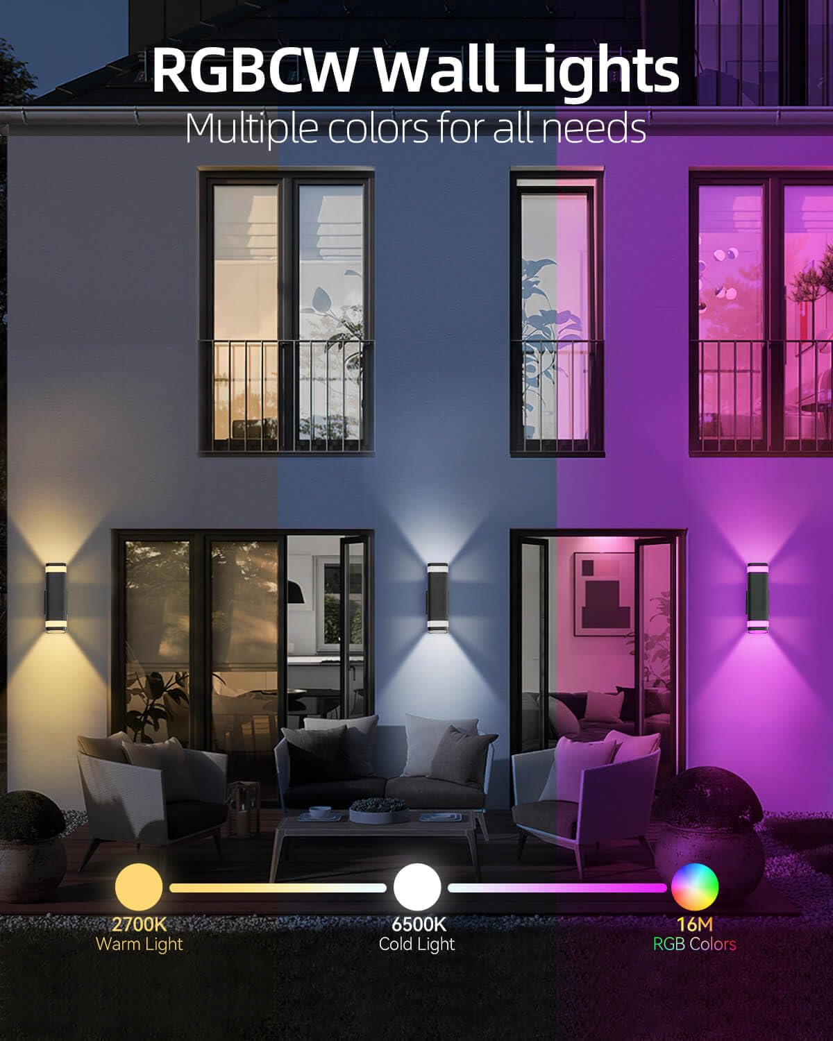 Smart Outdoor RGB Wall Lights 2 Pack, Wi-Fi & App Control Color Changing Up and Down Wall Sconce with Remote, Dusk to Dawn Water