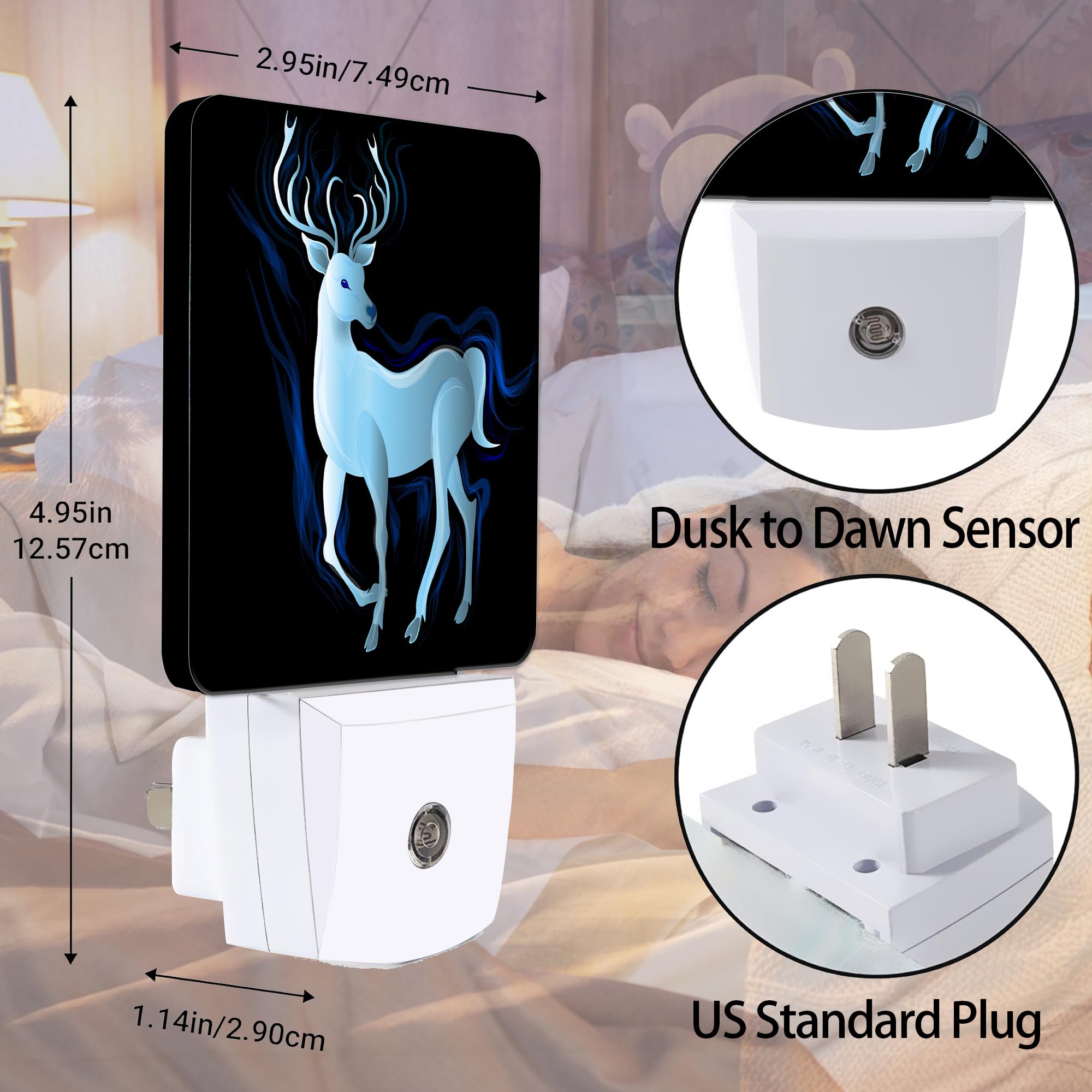 Jopowide Blue Deer Night Light, Northern Lights Night Lights Plug Into Wall Decor For Bedroom, Bathroom, Hallway, Kitchen, Dusk