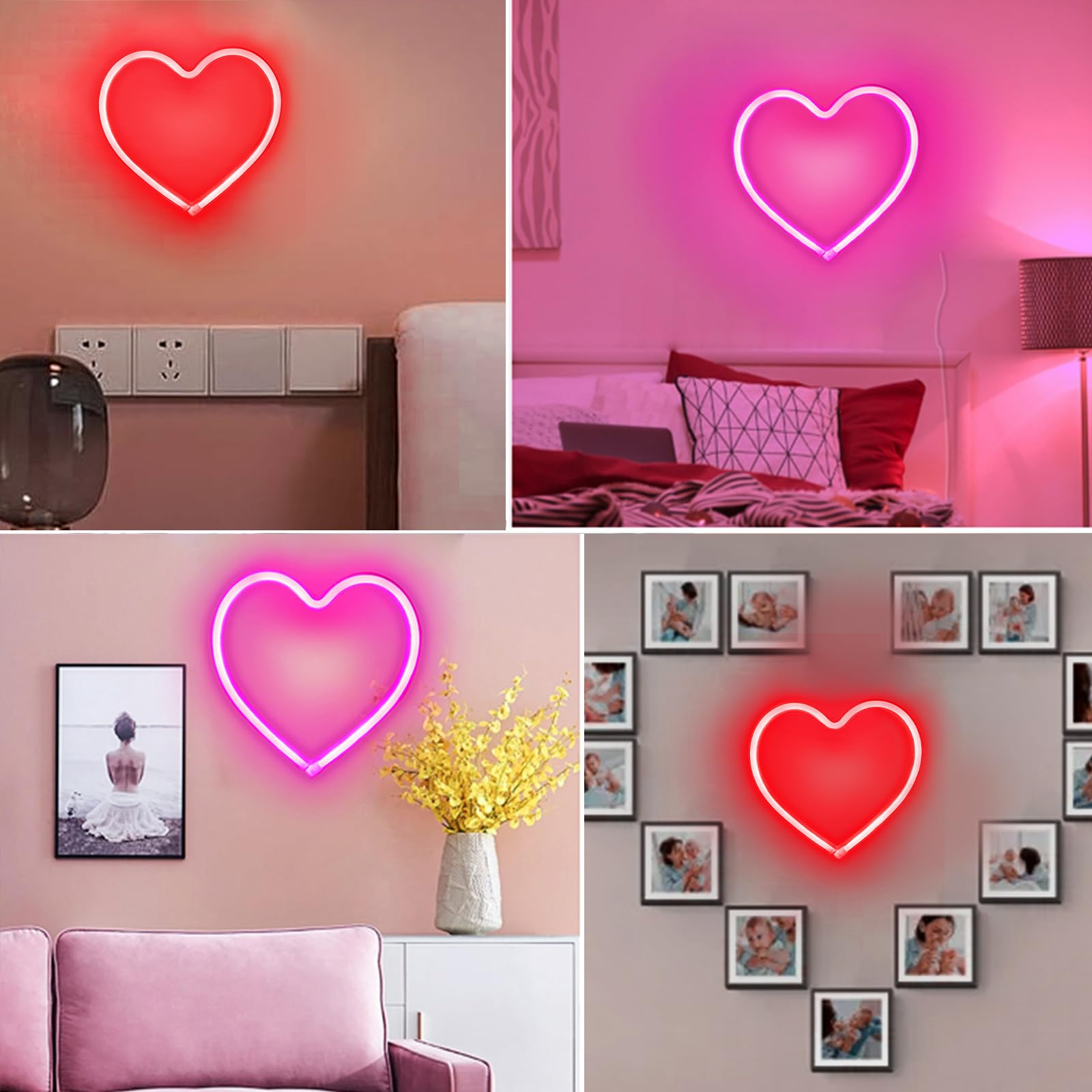 EXF 2-Pack Heart Neon Sign, LED Decoration Lamp, Battery Operated or USB Powered, Pink & Red, Model: Heart-pink&red