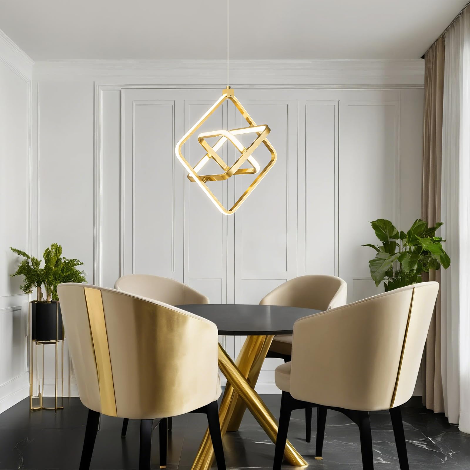 Bnhhlz Modern Led Pendant Light Gold Pendant Lights 4000K 35W Dimmable Height Adjustable Pendant Lighting Rectangle Chandelier For Kitchen Island Dining Room Bedroom Living Room Foyer(3-Ring)