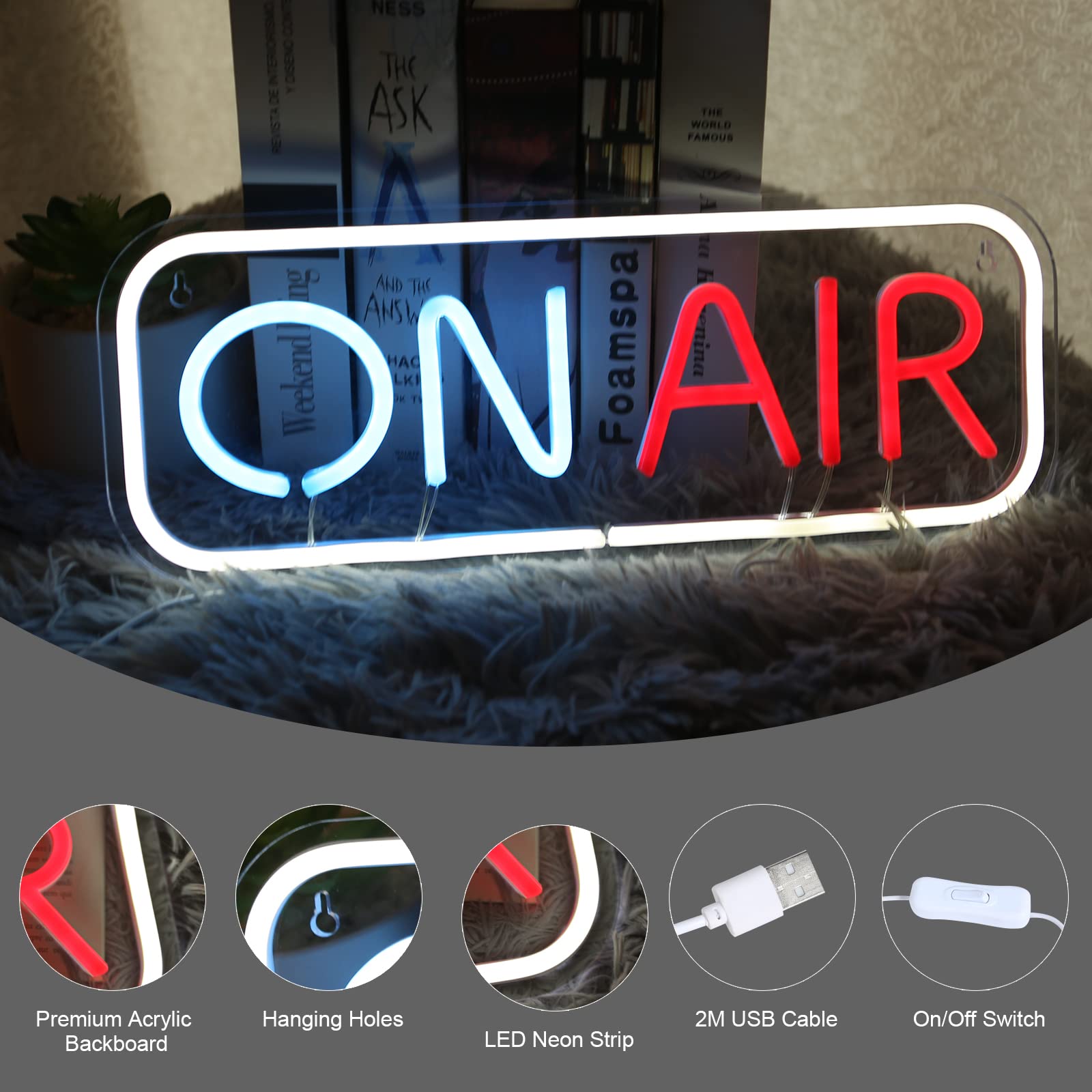 Fionnuar ON AIR Neon Sign LED Light for Radio/Podcast, 16in x6in , Multi Color, Model 112, USB Powered, Decorative Night Light