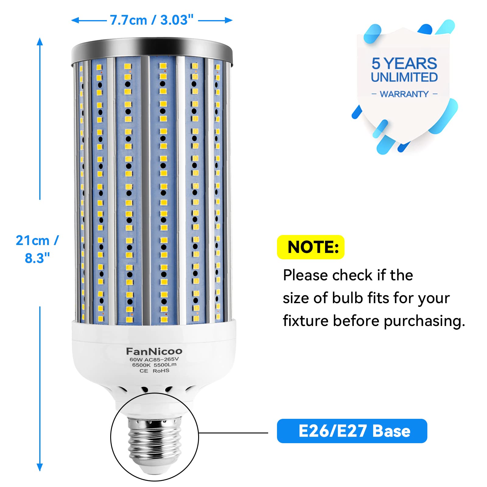 FanNicoo 60W LED Corn Light Bulb - 5500 Lumens, E26/E27 Base, Daylight White, Ideal for Garage, Warehouse, and Workshop
