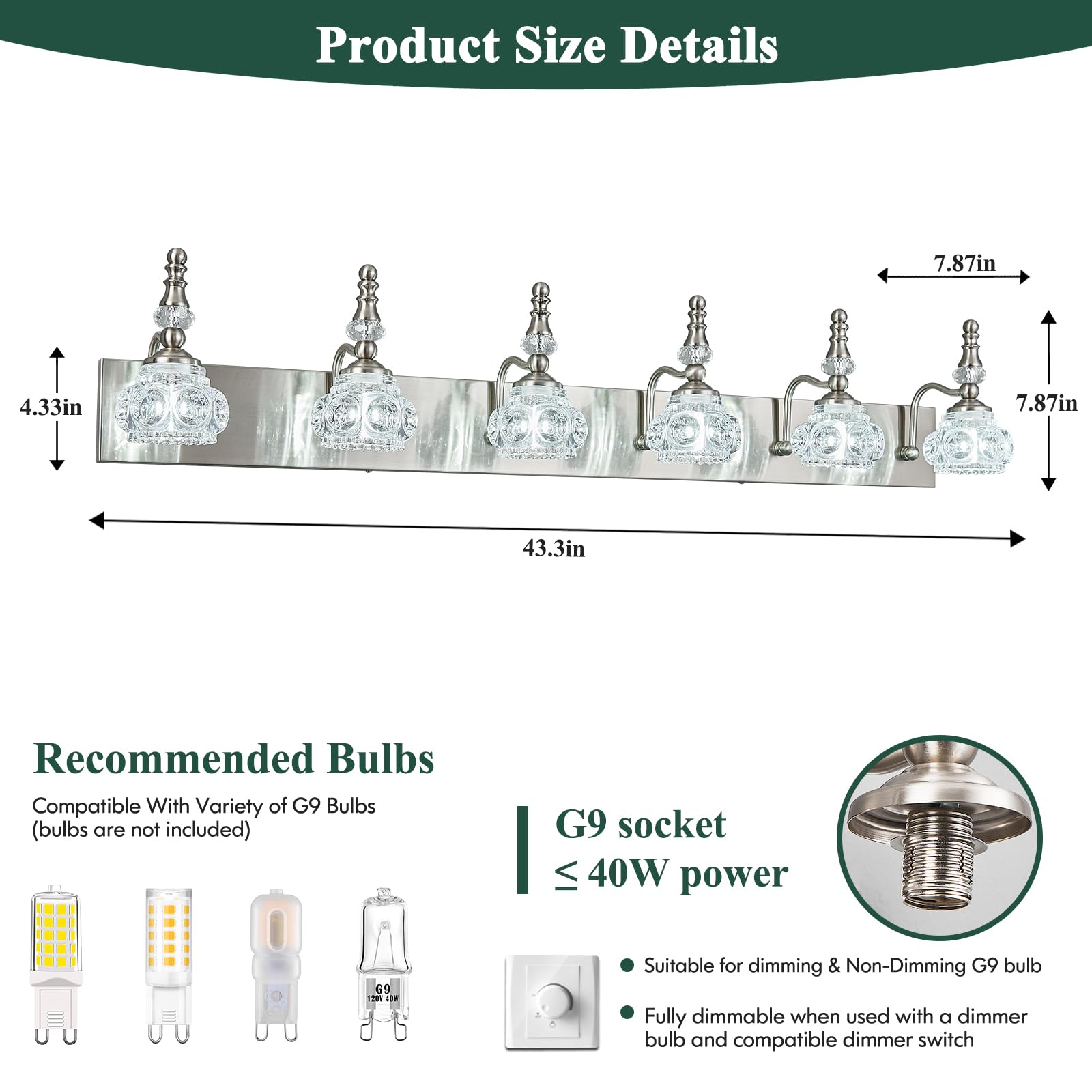 Lbsqj Modern Glass Crystal Vanity Light - Vintage Bathroom Lighting Fixtures Over Mirror  6 Light Vanity Lights G9 Bulb (43.3 Inch  Nickel)