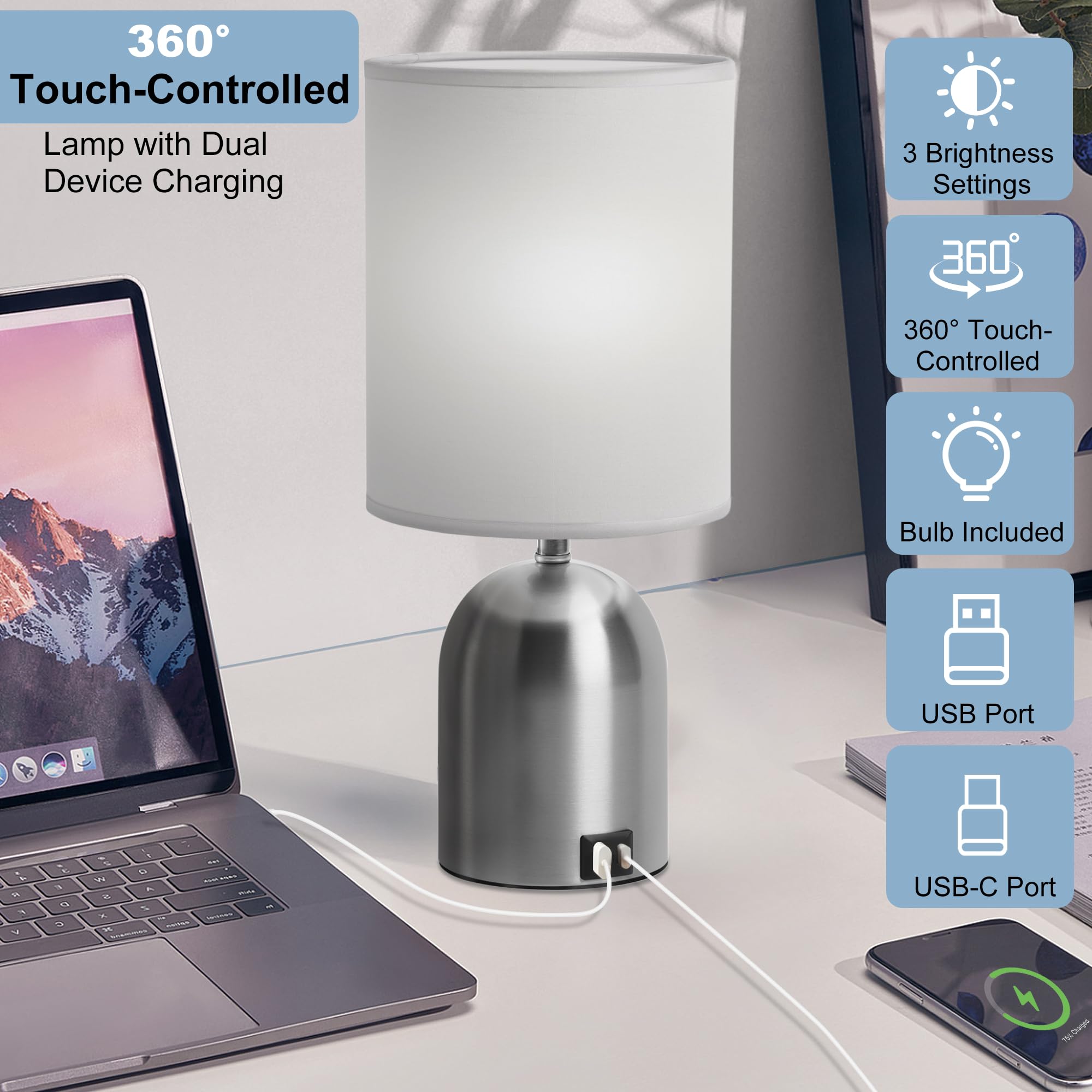Fttoyoly Bedside Table Lamp For Bedroom, 3 Way Dimmable Touch Small Desk Lamp For Office With Usb Charging Port Lamps For Living