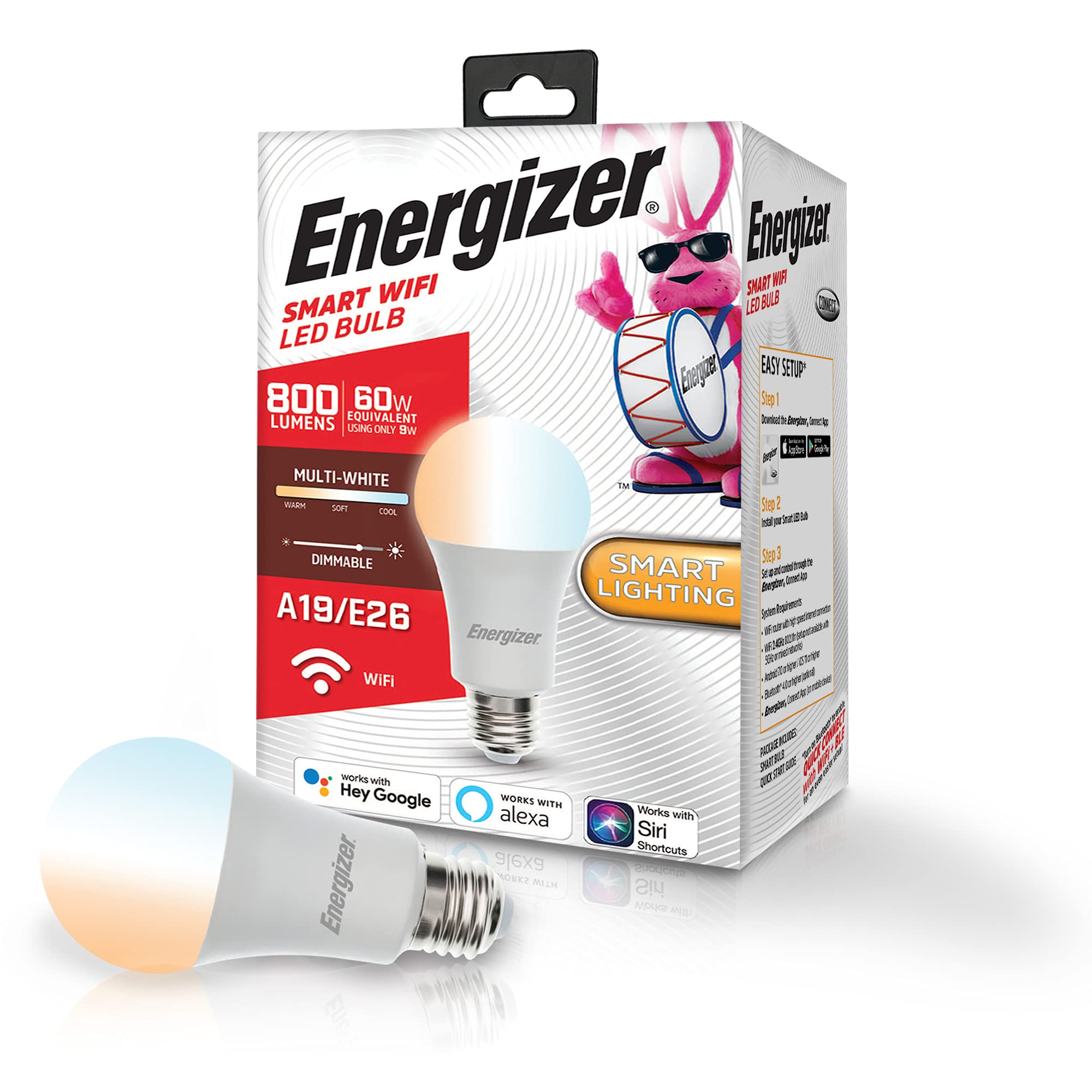 Energizer Connect Smart A19 Led Bulb - Multi-White, Voice Control, Alexa & Google Compatible
