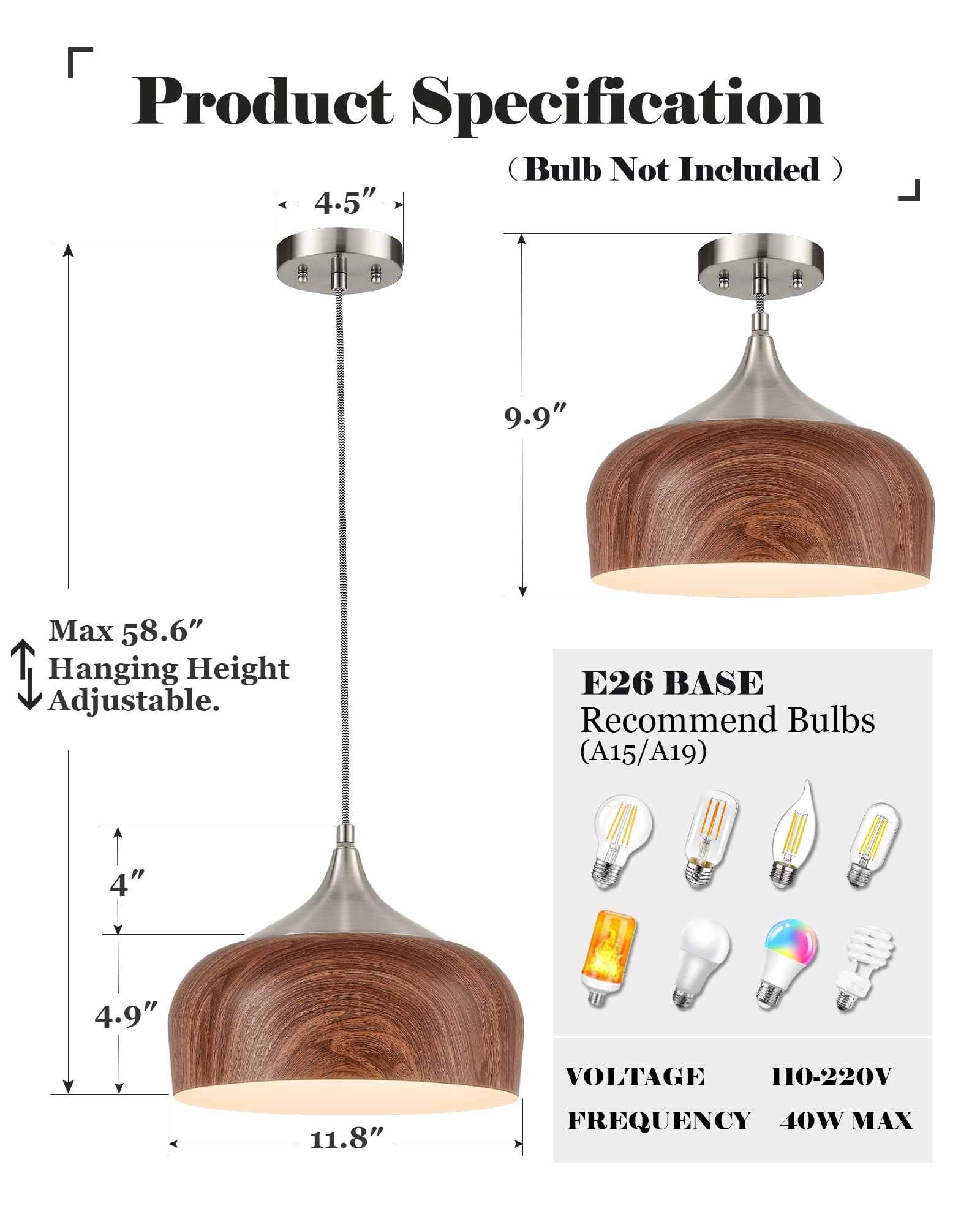 Elyona Brushed Nickel Pendant Light Wooden Pattern Dome Pendant Light Fixture Nickel Metal Modern Adjustable Hanging Lighting For Kitchen Island Dining Room Office Hallway Foyer Bedroom  12 Inch